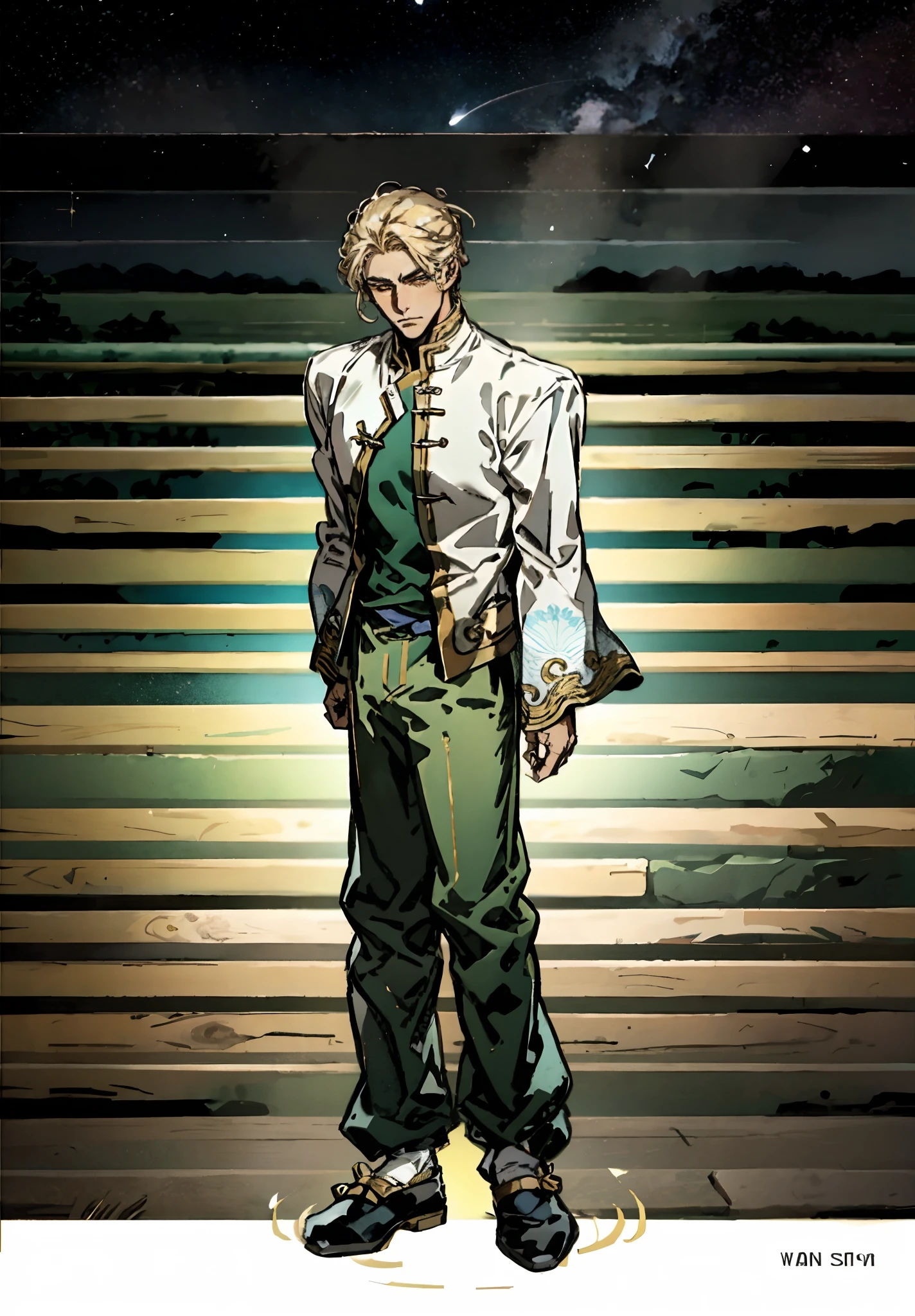 A man with short golden hair, hair standing straight up, a long tuft of bangs, thick eyebrows, a melancholic gaze, a square-shaped face, wears a Chinese-style wide-sleeved undershirt, over which he layers an open-front Dao robe, a color scheme of green and blue and yellow and white, he wears plain trousers and coarse cloth shoes, against the backdrop of a star-studded night sky, this character embodies a finely crafted fantasy-style Chinese martial artist character in anime style, characterized by an exquisite and mature manga illustration art style, full body character drawing, high definition, best quality, highres, ultra-detailed, ultra-fine painting, extremely delicate, professional, anatomically correct, symmetrical face, extremely detailed eyes and face, high quality eyes, creativity, RAW photo, UHD, 8k, Natural light, cinematic lighting, masterpiece:1.5