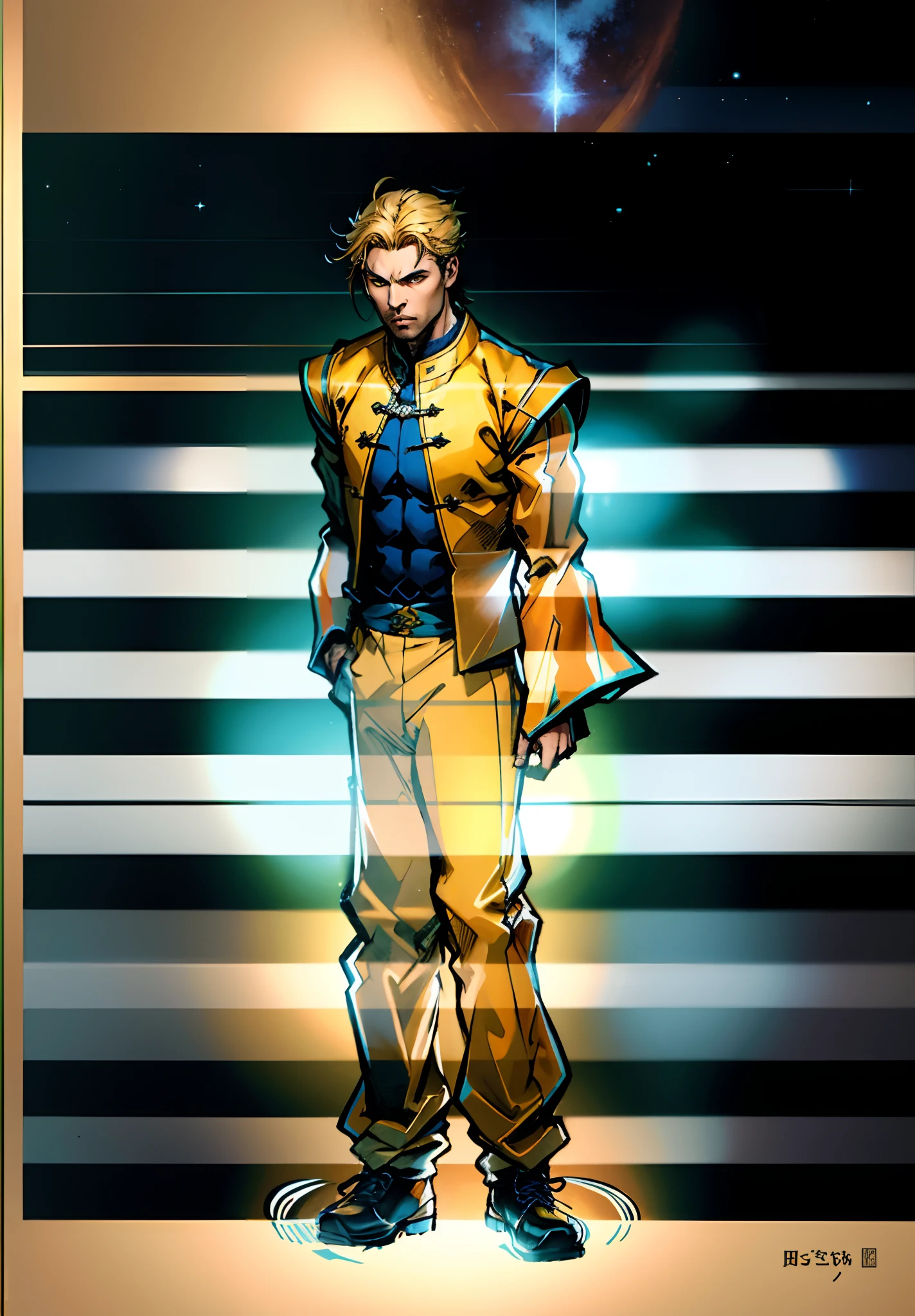 A man with short golden hair, hair standing straight up, a long tuft of bangs, thick eyebrows, a melancholic gaze, a square-shaped face, wears a Chinese-style wide-sleeved undershirt, over which he layers an open-front Dao robe, a color scheme of green and blue and yellow and white, he wears plain trousers and coarse cloth shoes, against the backdrop of a star-studded night sky, this character embodies a finely crafted fantasy-style Chinese martial artist character in anime style, characterized by an exquisite and mature manga illustration art style, full body character drawing, high definition, best quality, highres, ultra-detailed, ultra-fine painting, extremely delicate, professional, anatomically correct, symmetrical face, extremely detailed eyes and face, high quality eyes, creativity, RAW photo, UHD, 8k, Natural light, cinematic lighting, masterpiece:1.5