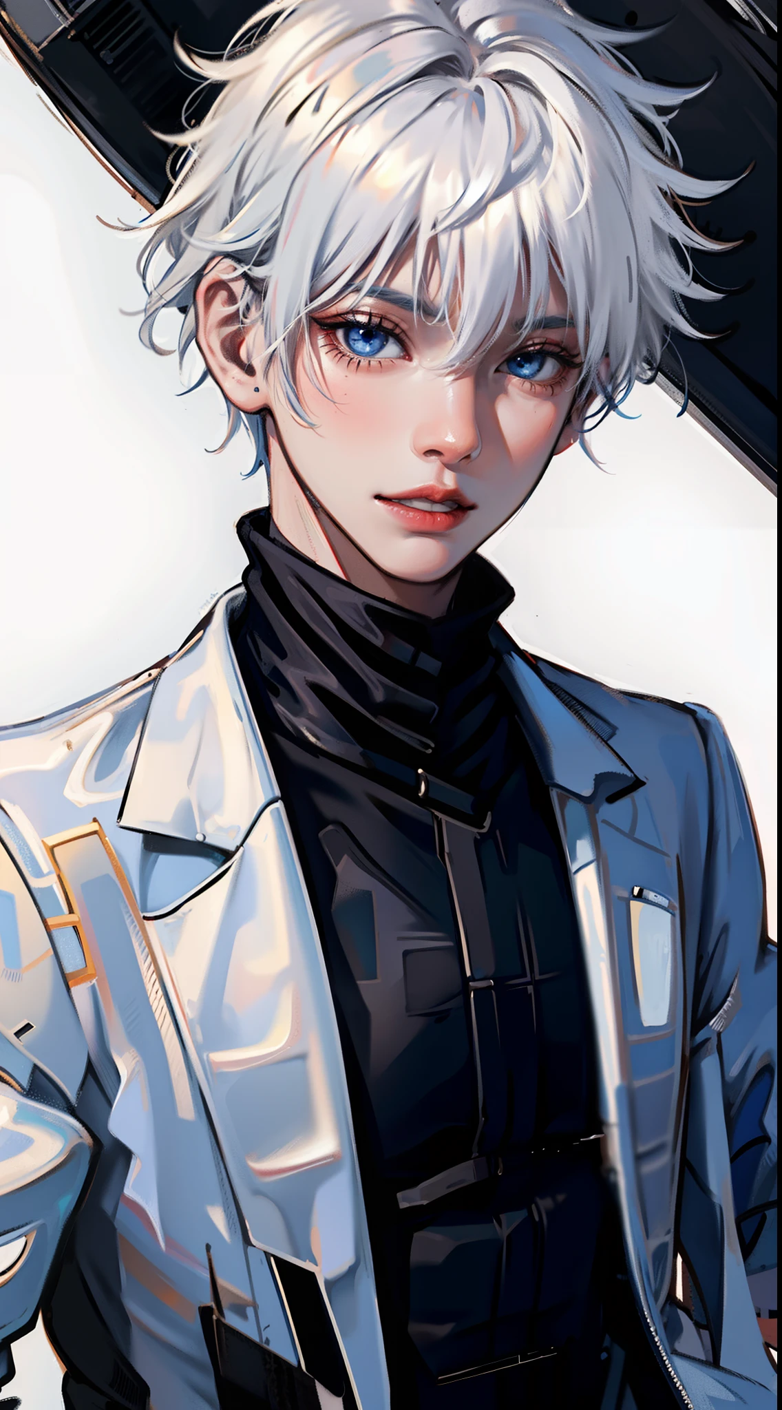 solo,
1man,gojou,blue eyes,white hair,
upper body,high neck,black top