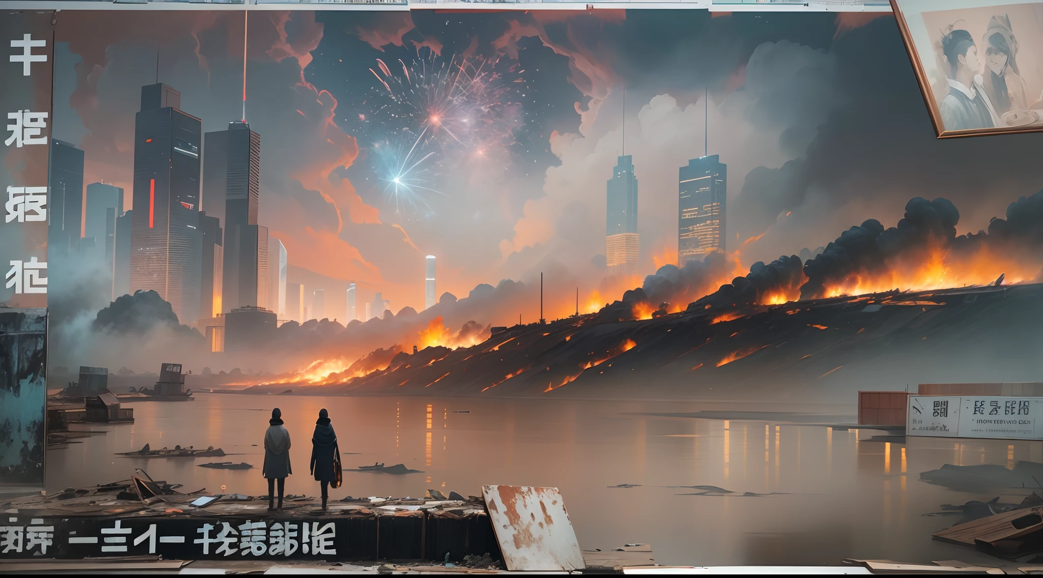 The end of the world,Instantly became bleak and desolate。A city in ashes,Ruins abound,No more the hustle and bustle of yesteryear。The air was filled with a strong smell of pyrotechnics,Under the firmament,Only ruins and dead silence remained。Once the face,Laughter that used to be,Together with the world that was once there,Disappear into endless darkness in an instant。Painted in luminous oil painting style. Create a fantastic atmosphere. High overall image quality, With ultra-detailed features and realistic, Photorealistic rendering. vibrant with colors