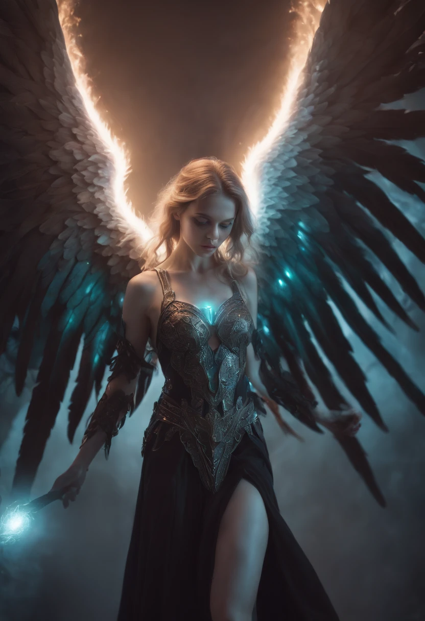 Cosmic Fallen Angel, glowing light eyes, Biomechanical, eerie, Creepy, nightmarish, Very bright colors, Light particles, with light glowing, Mshiff, wallpaper art, UHD wallpaper