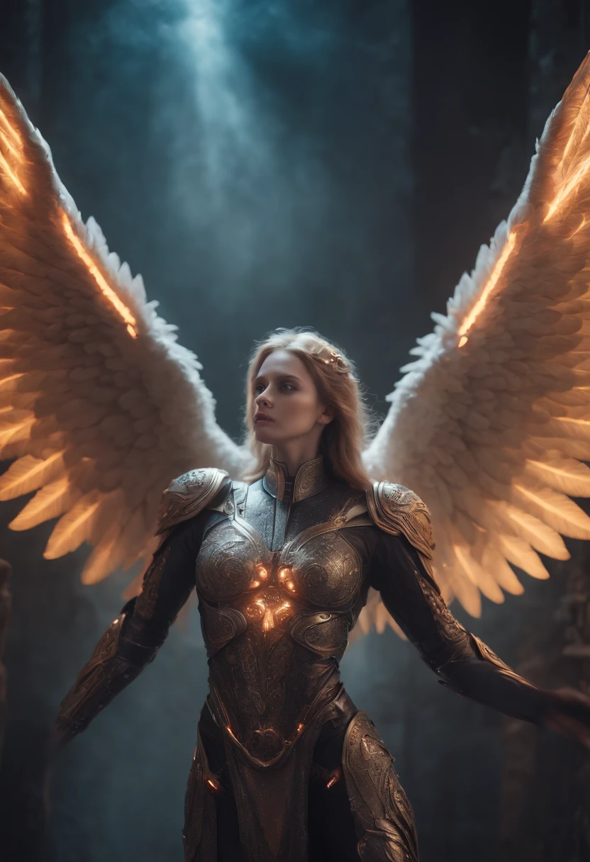 Cosmic Fallen Angel, glowing light eyes, Biomechanical, eerie, Creepy, nightmarish, Very bright colors, Light particles, with light glowing, Mshiff, wallpaper art, UHD wallpaper
