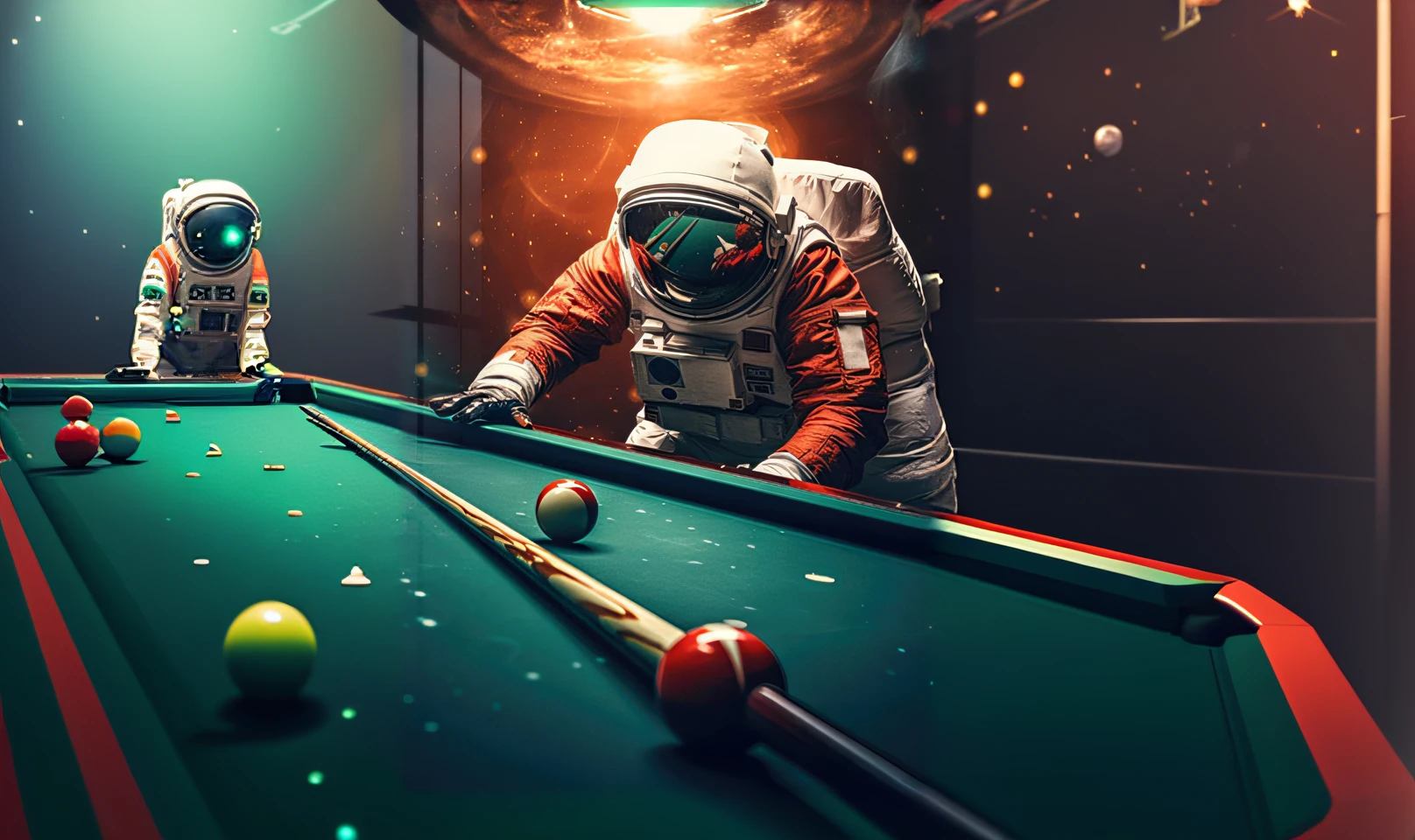 Astronauts in spacesuits playing billiards with red balls on the Mars space station, beeple style, in the style of beeple, Inspired by Beeple, beeple masterpiece, Beeple e Tim Hildebrandt, beeple and greg rutkowski, style hybrid mix of beeple, beeple. hyper photorealism, beeple daily art