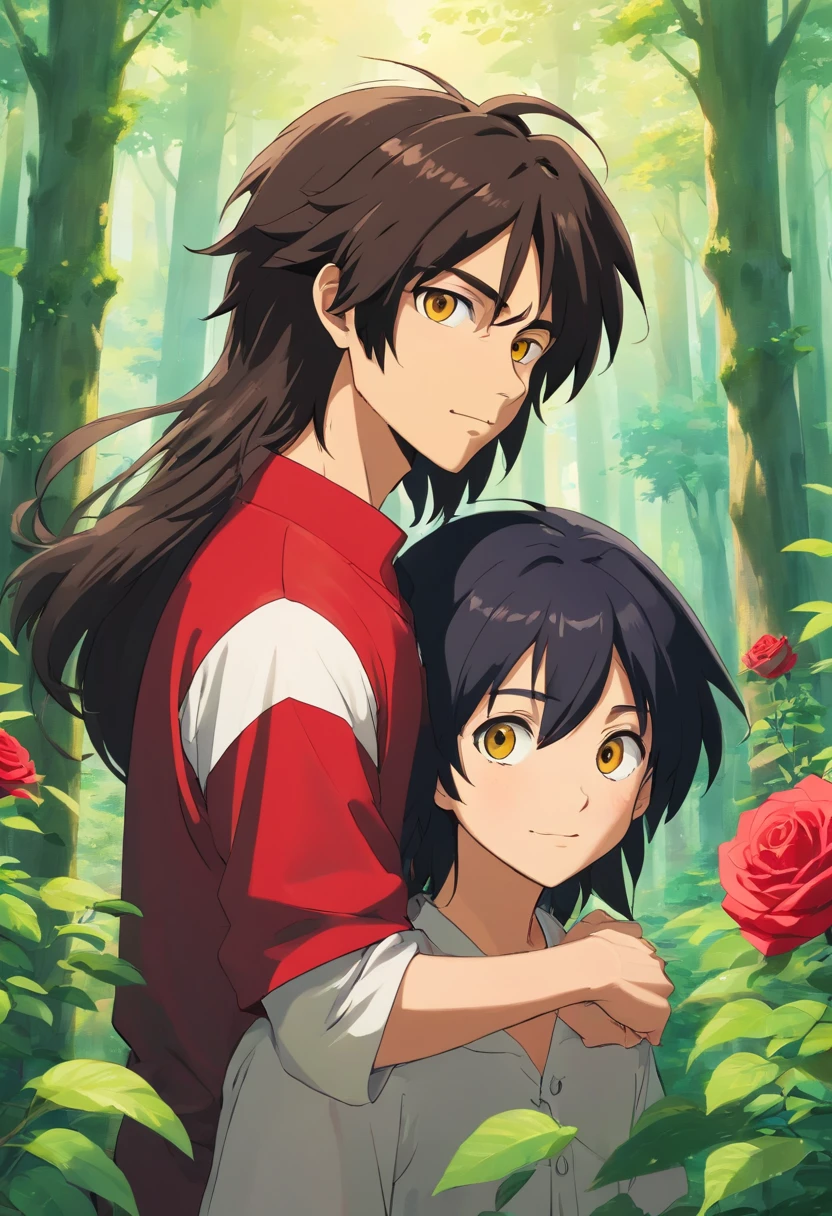 the anime, (Best Quality,Ultra-detailed,Realistic:1.37), tall, slim guy, Long luxurious black hair, Bright Golden Eyes, standing next to a tall, slender guy, rose hair, brown eye, Folded arms, ssmile, There is a dense forest behind you