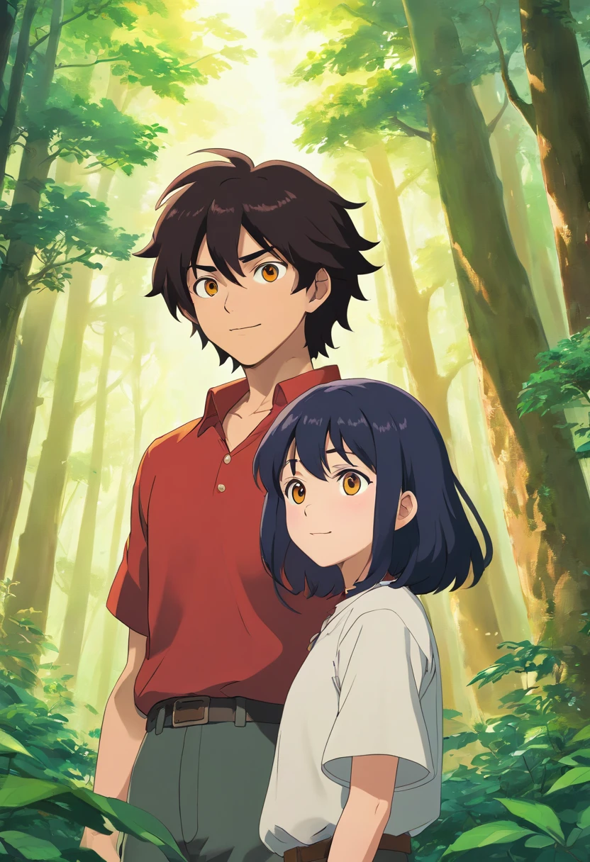 A man and woman standing in the woods with trees - SeaArt AI