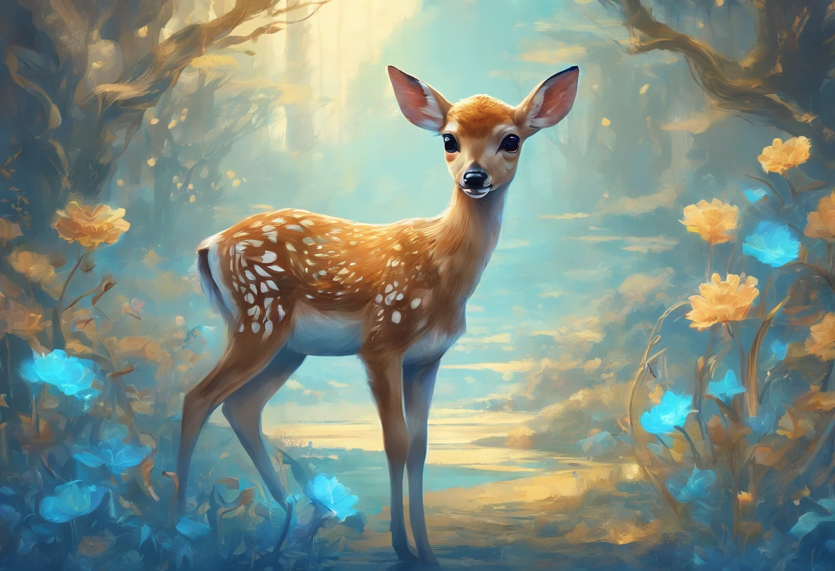 Masterpiece, best quality, 8k, high detail, hyper-detail, a cute fawn, light blue with holographic ornate designs, light blue and gold tetradic colors, approaching perfection