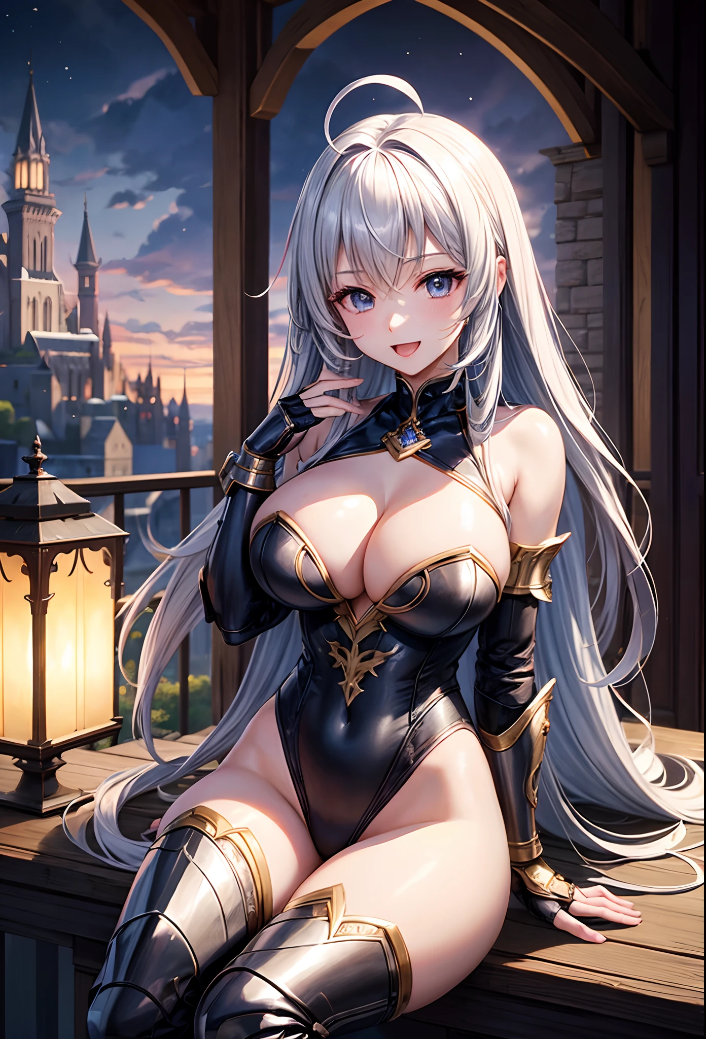Woman knight、a beauty girl、huge tit、cleavage of the breast、Excellent style、Nice Buddy、glamorous、leotard、s Armor、Bra chest armor、knee boots、gauntlets、hair adornments、silber hair、Longhaire、Ahoge、a medieval castle、is standing、full body seen、Outside the castle、Night view、a smile、slightly open mouth、Perched、legs crossed