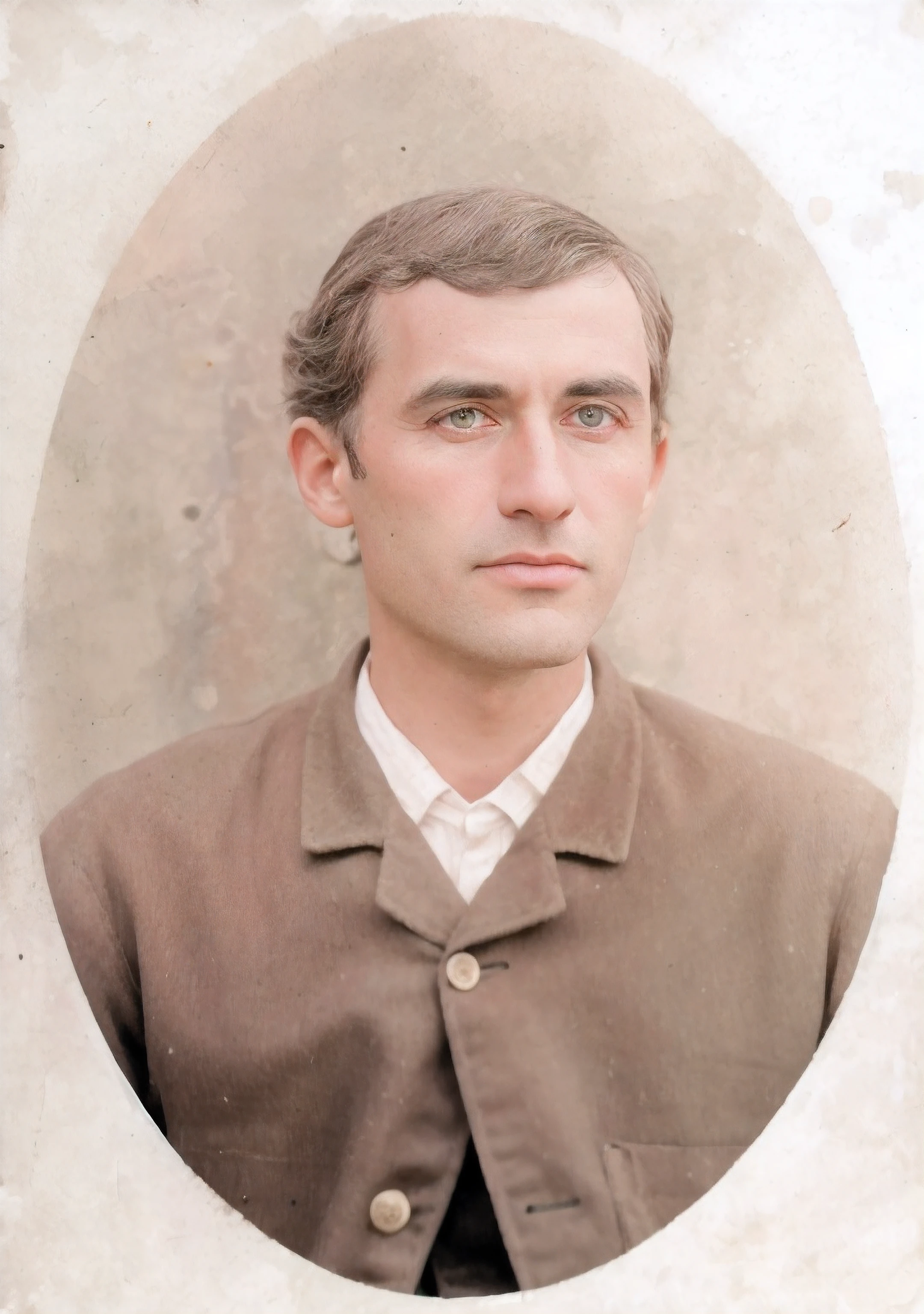 Fotografia de um homem de jaqueta marrom e camisa branca, uma foto colorida, colorido, foto colorida, colorido 1 9 0 4 foto, fotografia colorida, colorido, colorido, foto colorida antiga, inspired by Rezső Bálint, fundo colorido, inspirado em Zbigniew Nowosadzki, foto colorida, Foto de um homem de jaqueta marrom e gravata, uma foto colorida, colorido, foto colorida, inspired by Augustin Meinrad Bächtiger, inspired by Rezső Bálint, fotografia colorida, colorido 1 9 0 4 foto, inspirado em Walenty Wańkowicz, inspirado em Francisco Oller, cabelo castanho claro, olhos verdes claros, brown jacket with 2 buttons and white shirt, raw photo, amazing photograph, best quality, 8K, high quality, Ultra detailed, (best quality), (high detailed skin, full sharp:1.2), 8k uhd, dslr, detailed face