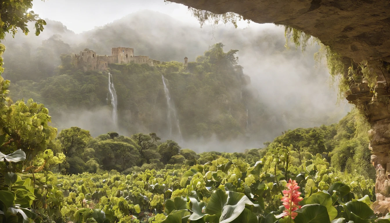 When I say that modernity is still alive it is because I understand that it is a phenomenon in perpetual emergence, not a historical movement. Modern Being - Within a Mystical Universe, A floating island suspended in the sky, cachoeiras cascata de suas bordas, flora flutuante vibrante emitindo um brilho suave, ancient ruins covered in vineyards covered with vines that suggest a forgotten civilization, Pintura, acrylic on canvas, cores vibrantes com uma qualidade de sonho, --AR 16:9 --V 5 - orchids - bromeliads - cacti - petunias and hydrangeas - xuculentas