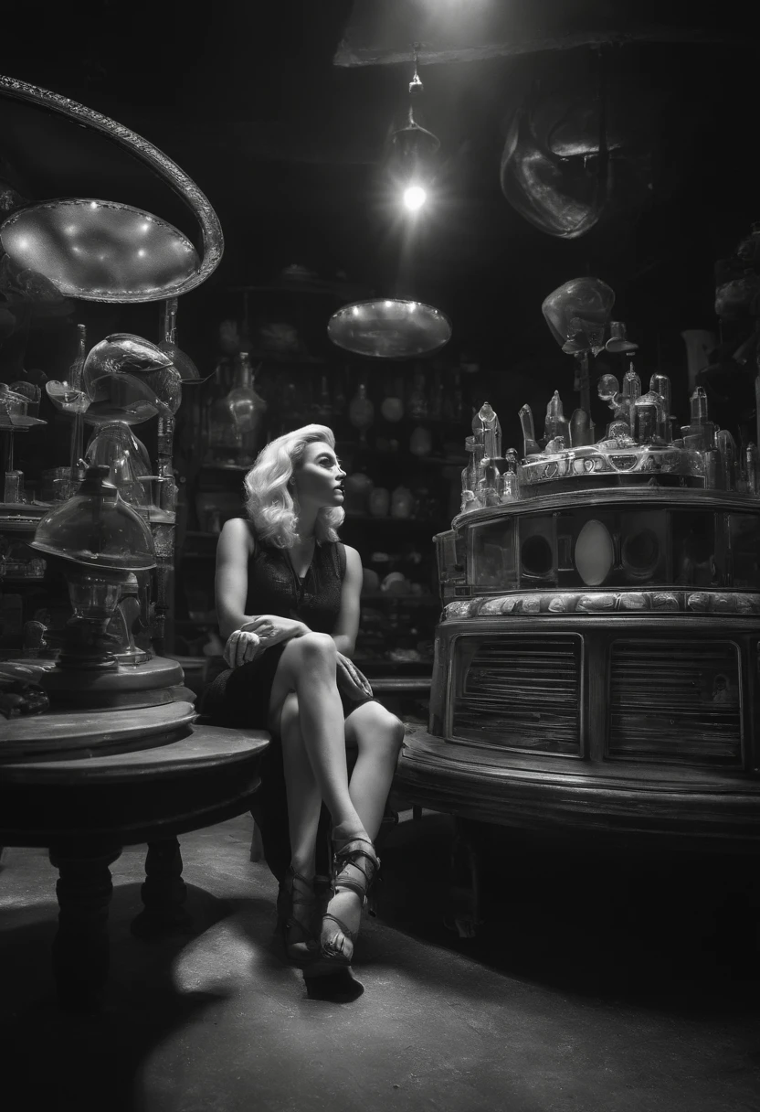 A rainbow haired woman on vacation enjoying the local party scene at noon in inside a dark and mysterious alien junk shop in Knowhere by Marvel Guardians of the Galaxy , involved in a project, monochrome grayscale black and white b&w cool shadows warm highlights soft focus black and white classic sound stage vintage film grain scratches patina directed cinematography movie film classic