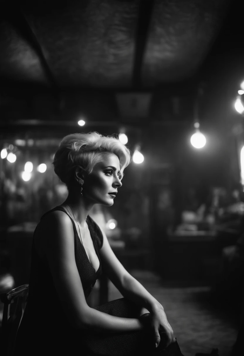 A rainbow haired woman on vacation enjoying the local party scene  at noon in inside a dark and mysterious alien junk shop in Knowhere by Marvel Guardians of the Galaxy , involved in a project, monochrome grayscale black and white b&w cool shadows warm highlights soft focus black and white classic sound stage vintage film grain scratches patina directed cinematography movie film classic