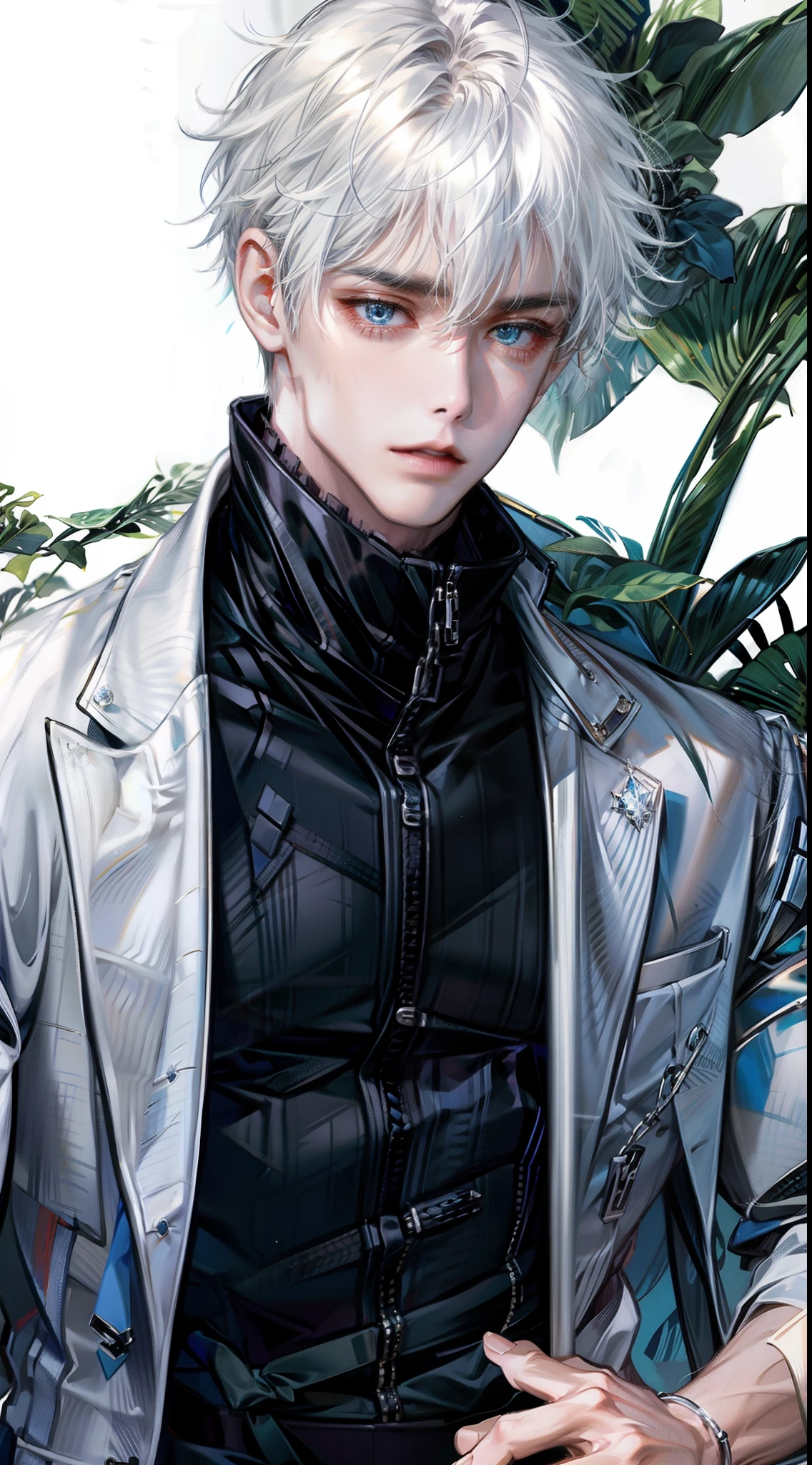 solo,
1man,gojou,blue eyes,white hair,
upper body,high neck,black top