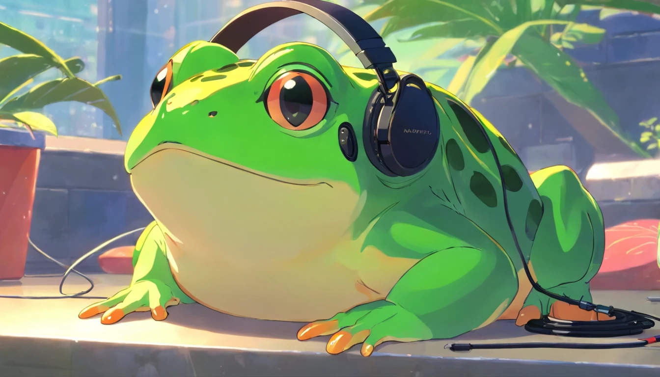 A masterpiece green frog with headphones, fatness