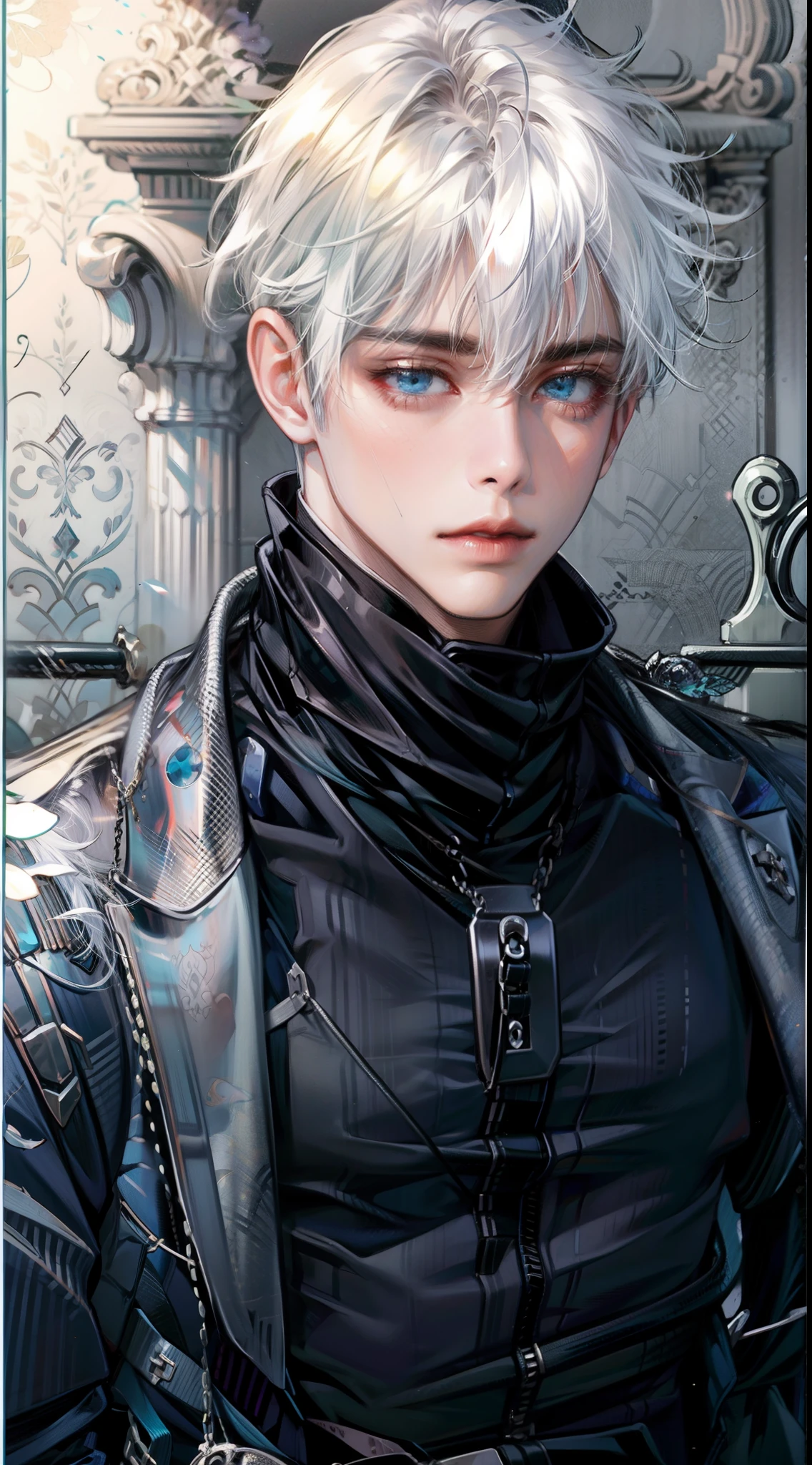 solo,
1man,gojou,blue eyes,white hair,
upper body,high neck,black top