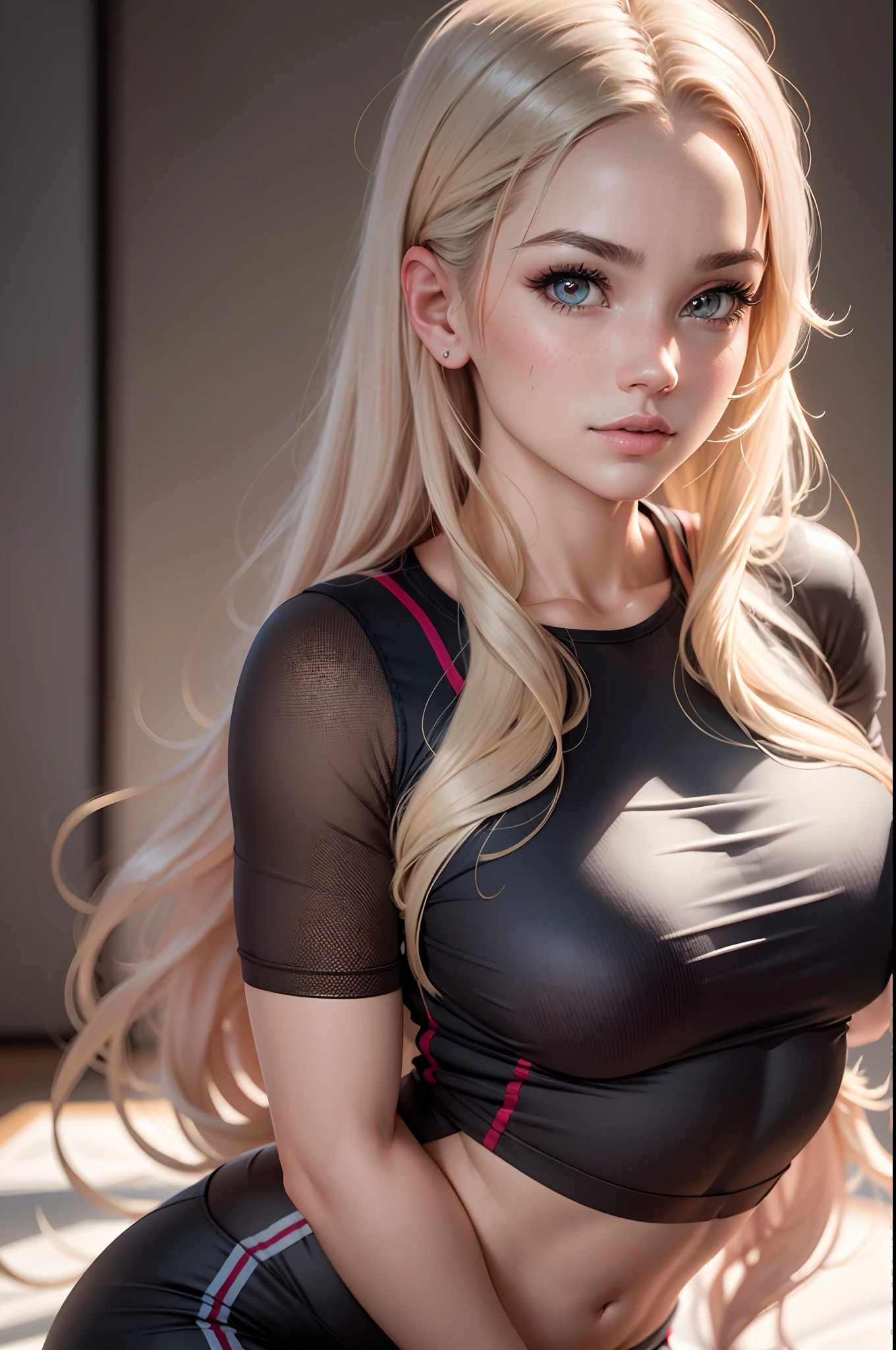 ((alta qualidade, obra-prima: 1.4)), 1girl, parte superior do corpo, gym clothes, Cabelo Dourado, gradient hair, rosto bonito, rosto bonito, olhos bonitos, bonita, forma facial perfeita, absurdos, Realistic proportions, dinamic pose, detalhes altos, Intrincado, detalhes Intrincado, olhos realistas, realistic eye proportions, foco nítido, 32k, lifelike lighting, detalhes extremos, alunos realistas, realistic proportion eyes, realistic proportions pupils, Sombras realistas, evafie