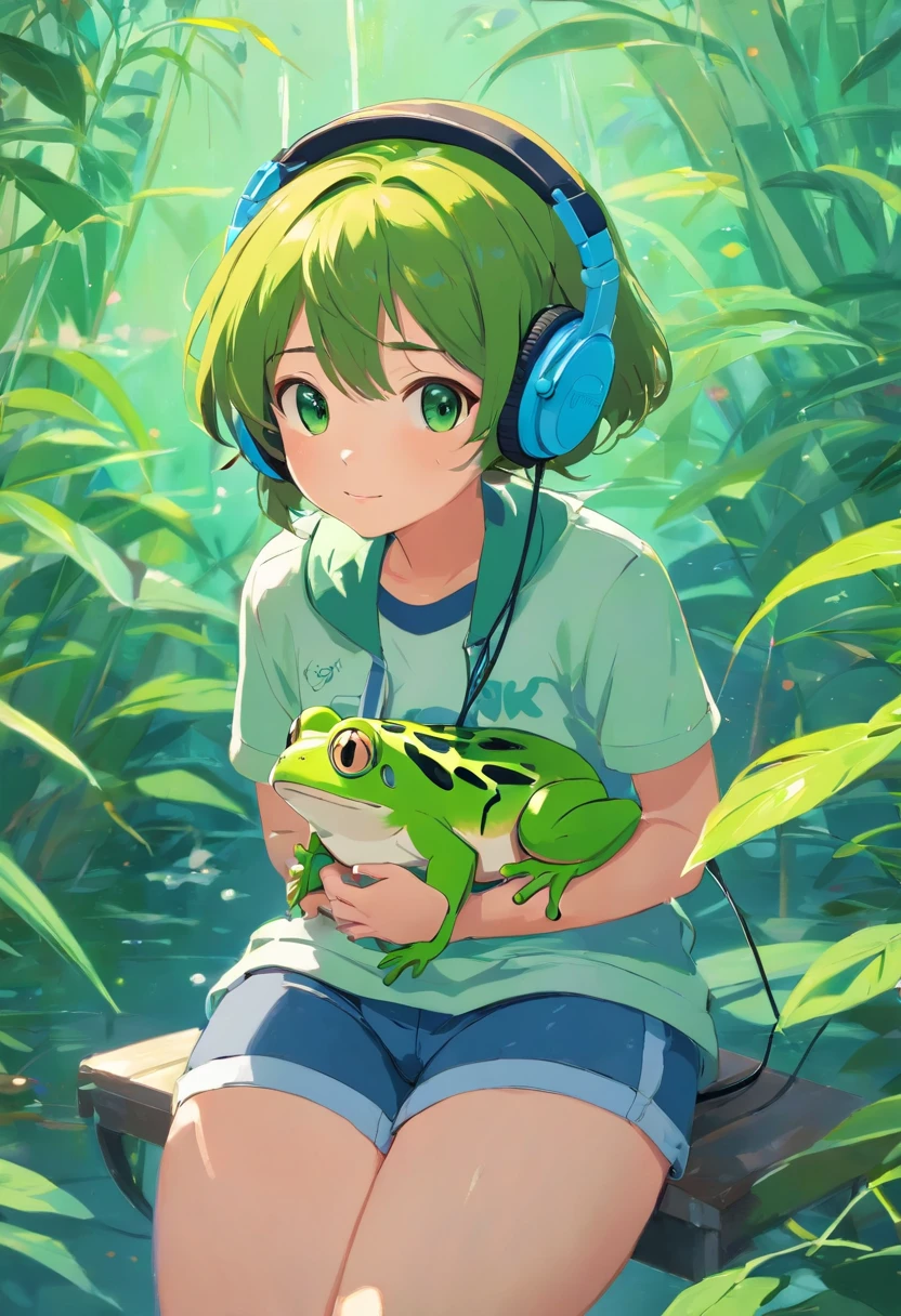 A masterpiece green frog with headphones, fatness