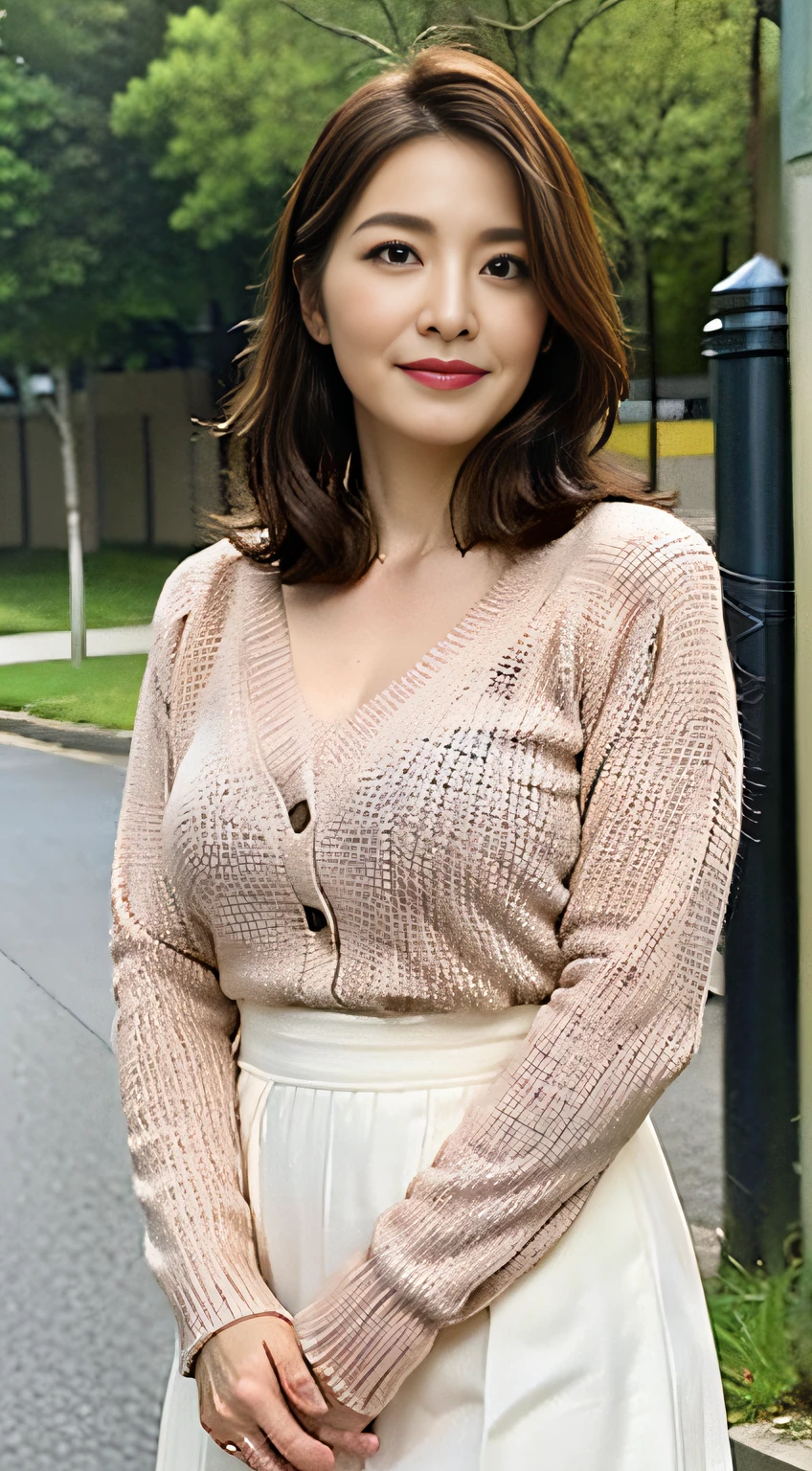 (16k, ultra highres:1.2),(masterpiece:1.2),(best quality:1.4),(RAW photo:1.2),(realistic, photo realistic:1.3),(ultra detail:1.2),(sharp focus:1.3),detail background,cinematic light,best shadow,attractive,beautiful skin,
,cowboy shot,look at viewer,
beautiful face,pretty idol women,smile,medium breasts,pregnant woman in a 黄褐色 shirt and a man in a brown jacket, Cashmere jacket with plenty of cleavage, Turtleneck shirt with see-through chest,You can see the bulge in her well-shaped chest,gold chain necklace,(A beautiful Japanese woman in profile pulls the face of a middle-aged man by picking up his regimental tie.),The profile of a middle-aged man below his nose is visible., (photo realistic:1.4), (hyper realistic:1.4), (realistic:1.3), (smoother lighting:1.05), (Improve the quality of cinematic lighting:0.9), 32K, 40 year old Japanese woman, realistic lighting, hotel room,backlit sunlight, ray tracing, (bright light:1.2), (Improvement of quality:1.4), (Highest quality realistic textured skin:1.4), detailed eyes, detailed face, high quality eyes, (Tired, sleepy and satisfied:0.0), upper body close-up, T-shirt, (Enhance the mood of your body line:1.1), (Enhances the beauty of skin texture:1.1)