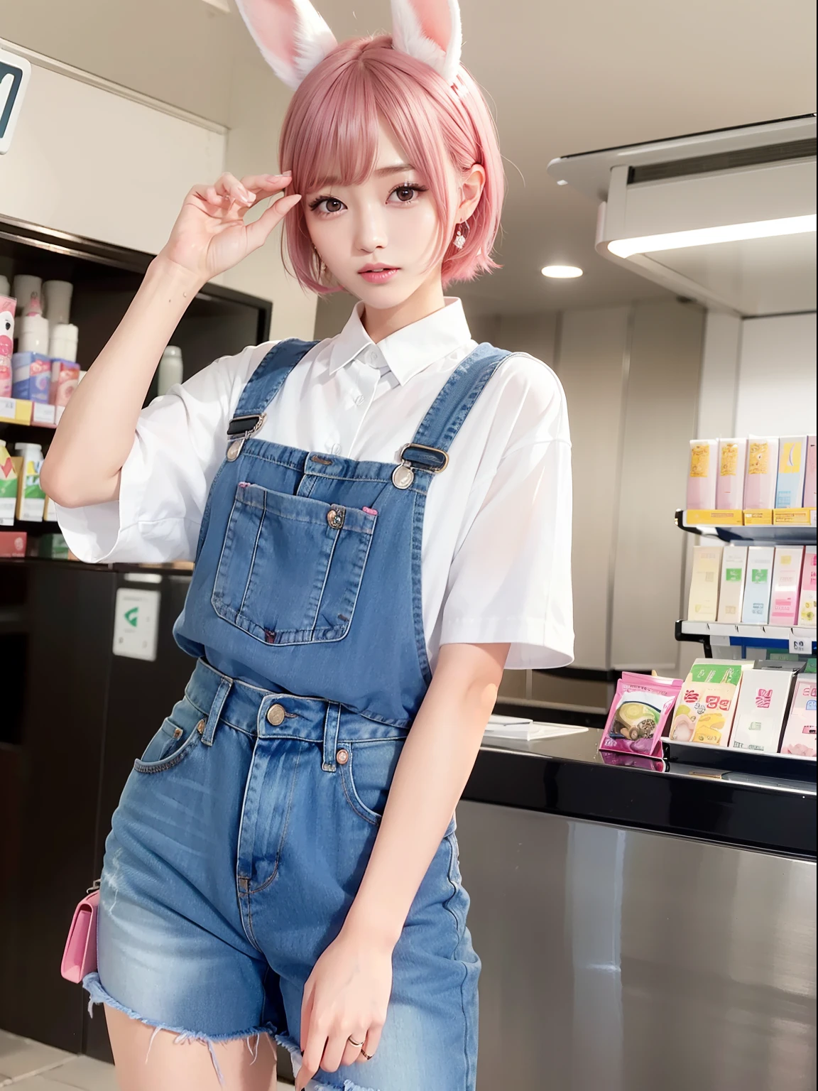 Convenience store clerk、Seven-Eleven、Lawson、FamilyMart、Tight jeans、White front cover、White apron wrapped around the waist、Pink Shortcut Bob、Realistic rabbit ears、Realistic ears of rabbits sticking out of the head、Pink hair、Bewitching atmosphere、Beautiful shaped hands、K-POP、Pink rabbit ears、1 girl in、独奏、masterpiece、top-quality、realisitic、Hyper-detailing、(Glossy skin:1.4)、absurderes、short pink hair、Slender beauties、动态照明、hight resolution、foco nítido、depth of fields、(thick thight:1.0)、A slender :1.2、((Short-cut bob hair))、((k pop:1.3))、Highly detailed facial and skin texture、((魅惑的))、Anatomically correct number of fingers、Correct anatomy、