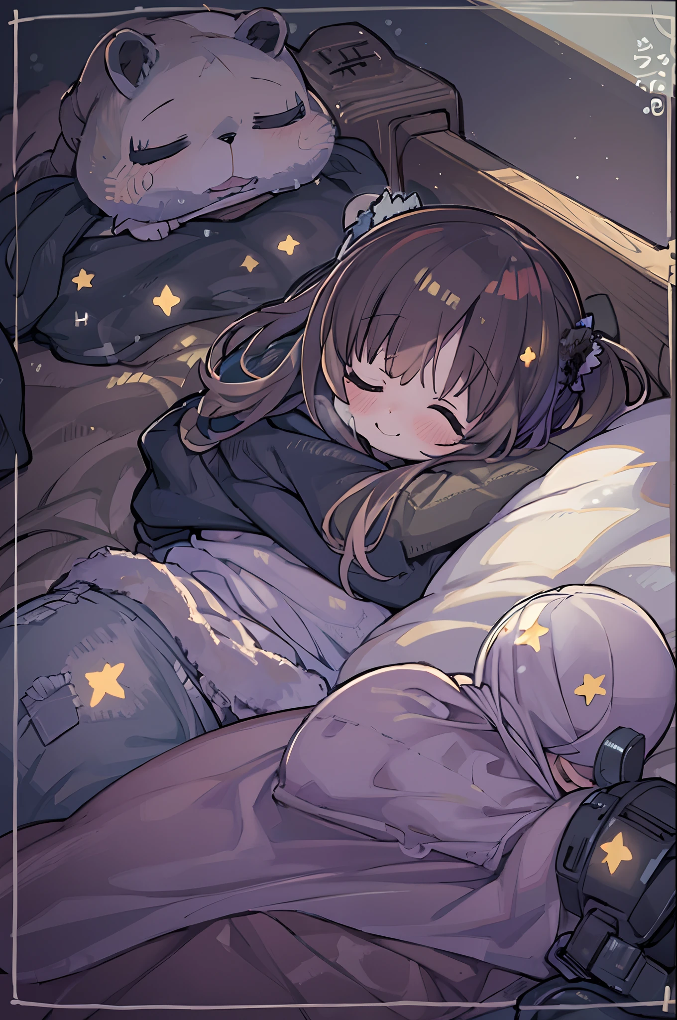 masutepiece, Best Quality, 1 girl, Solo, effect, Dark background, Sleeping in bed with a happy face