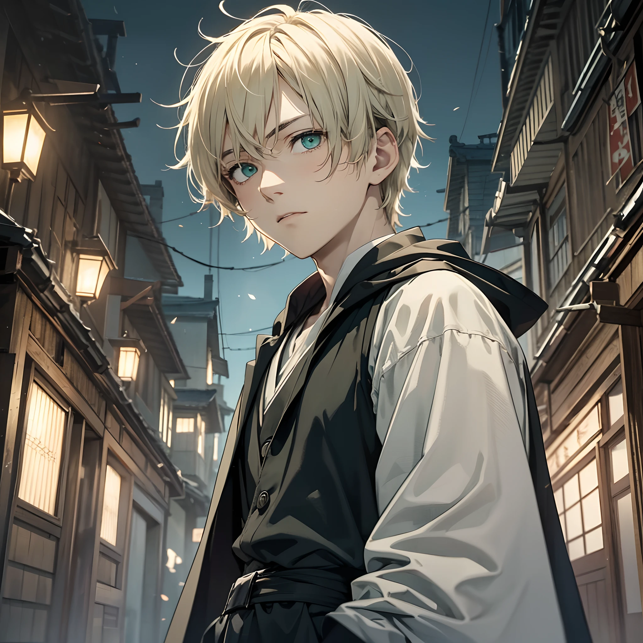 (masterpiece), best quality, expressive eyes, perfect face, In this stunning anime image, a teenage boy with short blonde hair and captivating dark green eyes is the focal point. His bland facial expression adds an enigmatic touch to the scene. Dressed in a flowing black cloak that drapes around his body, he stands against the backdrop of a dark and haunting Japanese village. The village exudes an aura of mystery, with its narrow streets, traditional architecture, and dimly lit lanterns casting eerie shadows. The combination of the boy's stoic presence and the atmospheric background creates an evocative and captivating image that leaves a lasting impression, cinematic, 4k, 8k, movie quality, --auto --s2