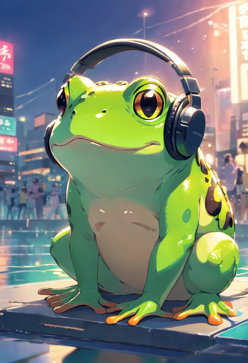 A masterpiece green frog with headphones, fatness