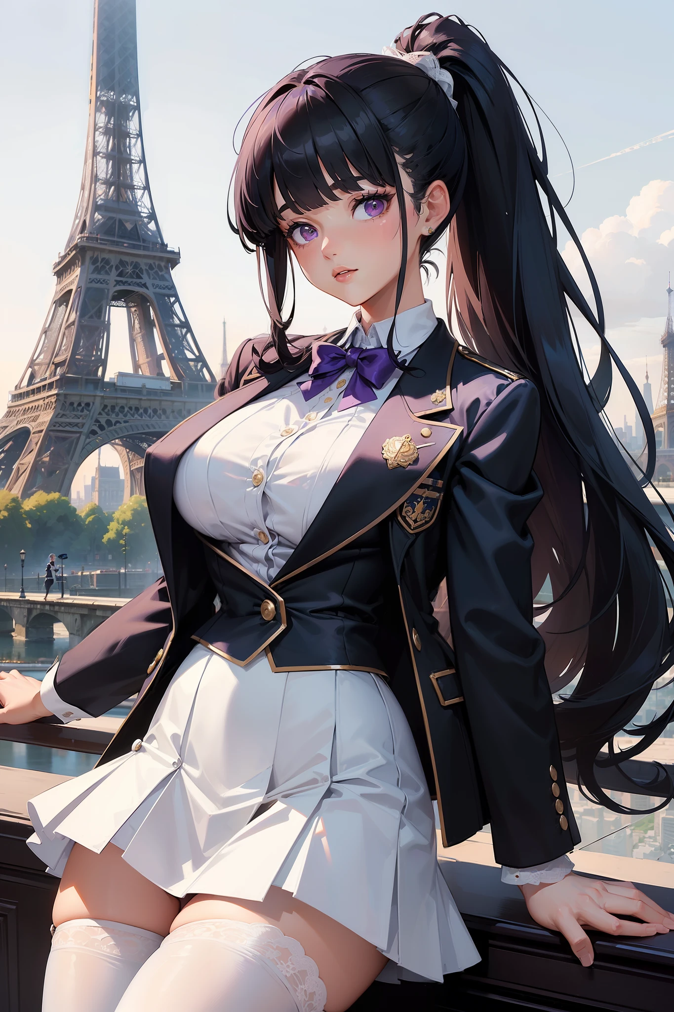 (((Masterpiece))), a top influencer woman, top quality, super detailed, cute and playful, classic blazer dress, long curly dark blue hair in high ponytail, white crop blazer, white mini skirt, lace tights, Paris city background, purple eyes, Blunt Bangs