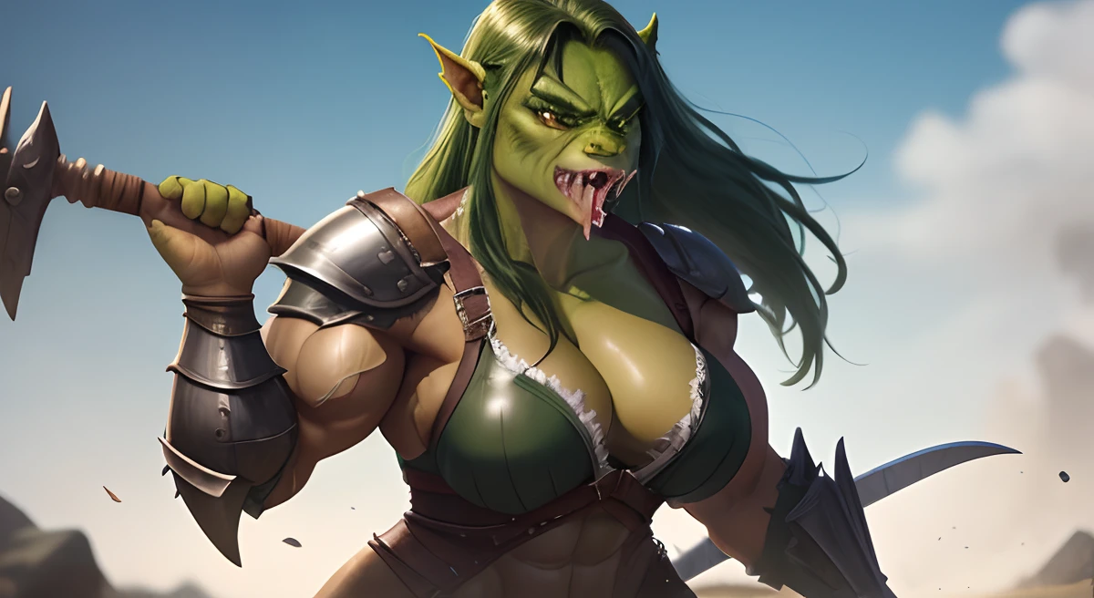 Green orc woman with sharp tusks and a strong, muscular and curvy body, having revealing leather battle armor that shows off her muscular yet feminine figure littered with healed battle scars.