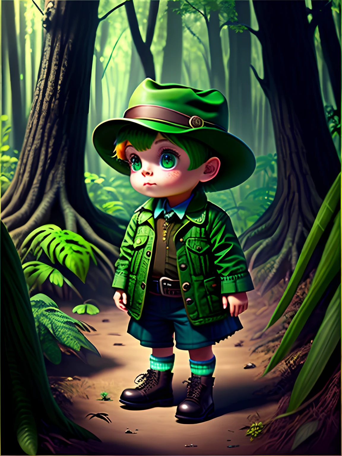 Alligator child character for ebook wearing detective hat in 8k forest