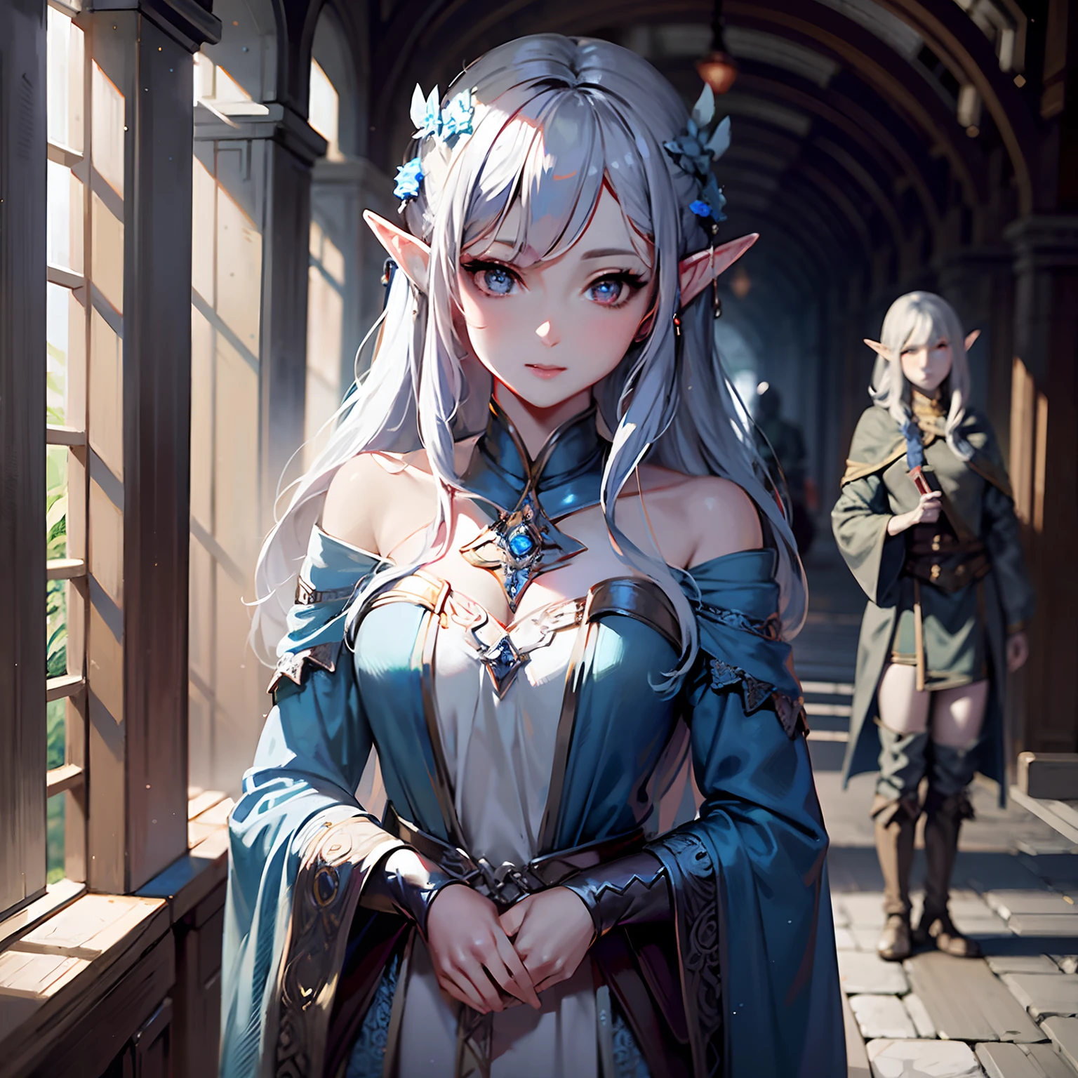 Anime – style image of a white elf woman with a blue dress, 2. 5 d cgi anime fantasy artwork, Beautiful and creepy crazy elf female scientist, Female Elf, Light Novel Anime, guweiz on artstation pixiv, a portrait of an elf, fanart best artstation, anime fantasy illustration