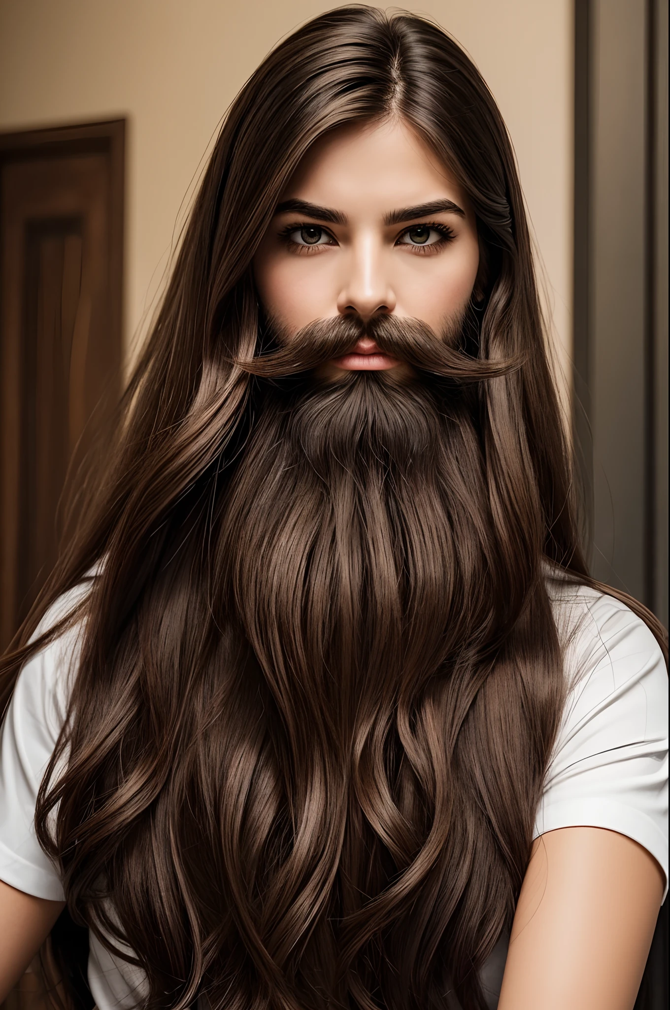 a assertive, arrogant, offensive attitude of superiority, female women girl wearign mustache very bushy beard