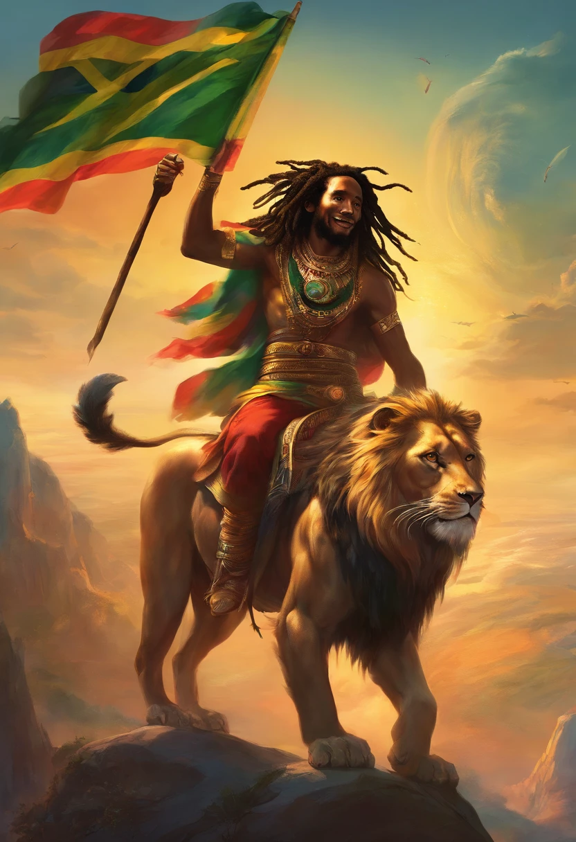bob Marley riding a lion. Bob Marley has is right hand up with a Jamaican flag.