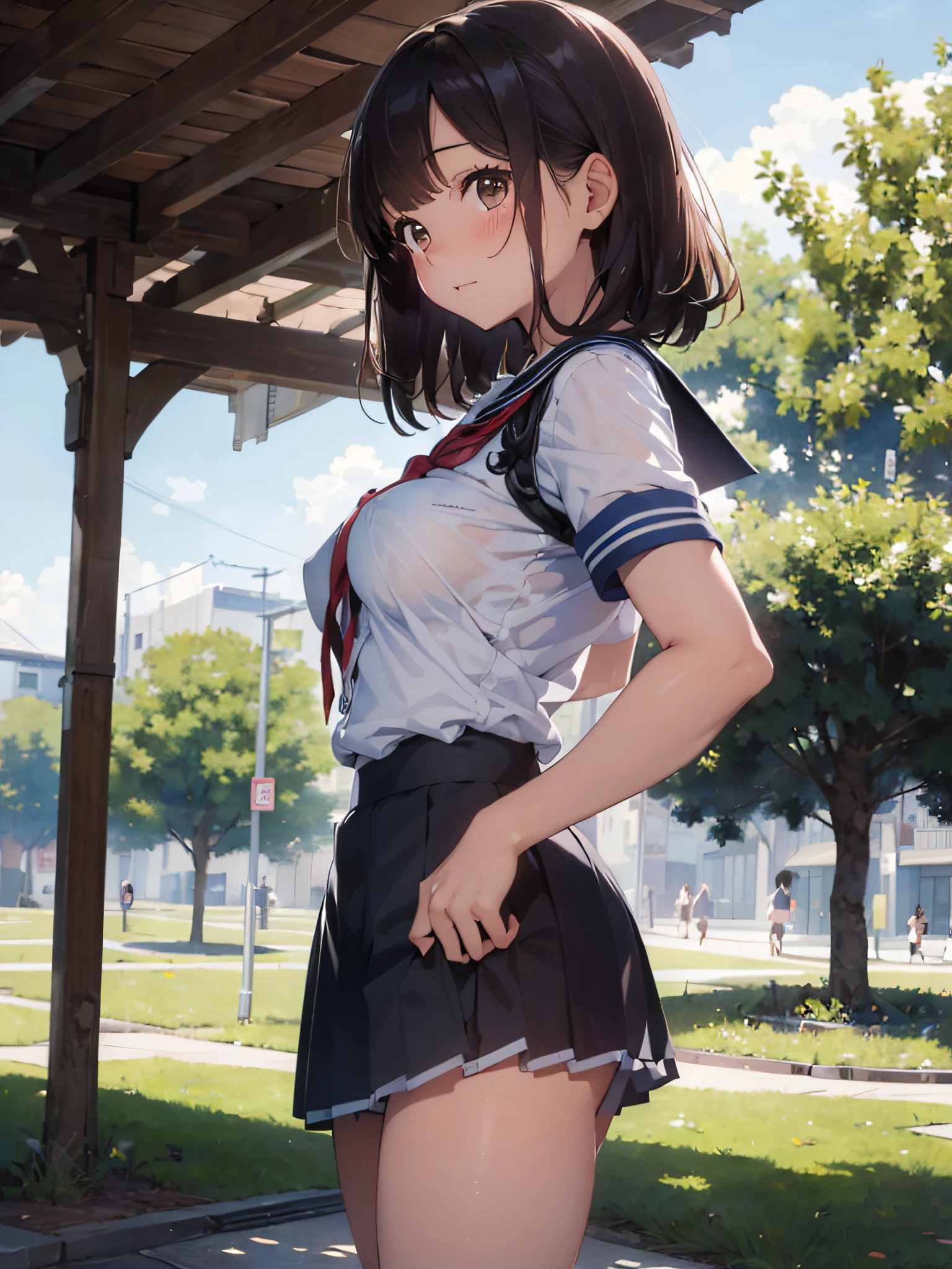 (​masterpiece:2.0), (top-quality:2.0), (Ultra mini skirt extremely short length school girl uniform:1.5), (view from the side:1.5), (sexypose:1.5), (blushed face:1.3), (barechested:1.3), (Spilling boobs:1.4), (realistic:1.5), 1 , precise small hands, Embarrassed look, light smile, extremely cute girl, s, Shining eyes, small breast, cleavage of the breast is visible, The buttocks is visible, The crotch is visible, No pubic hair, The beautiful skin, ultra-definition, Top resolution, japan high school student, brown hair, in the park