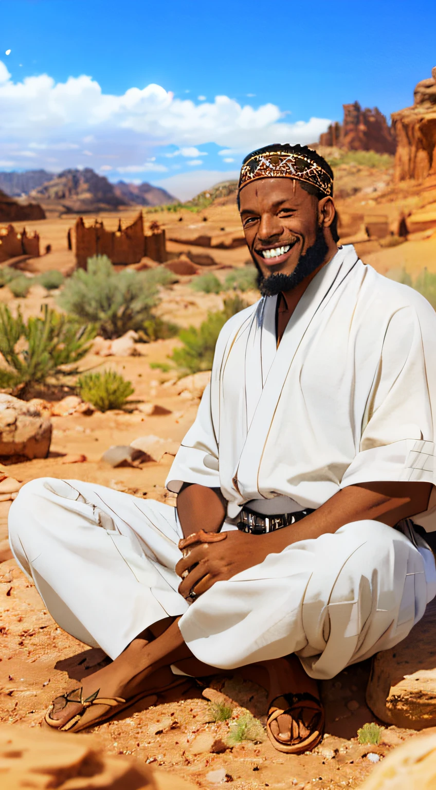 A man sitting on a rock in front of us in the desert looking at me in traditional white and black clothes, charismatique, barbe, yeux vert, beautiful smile and I want him to be focused on the realistic image with a moon behind him