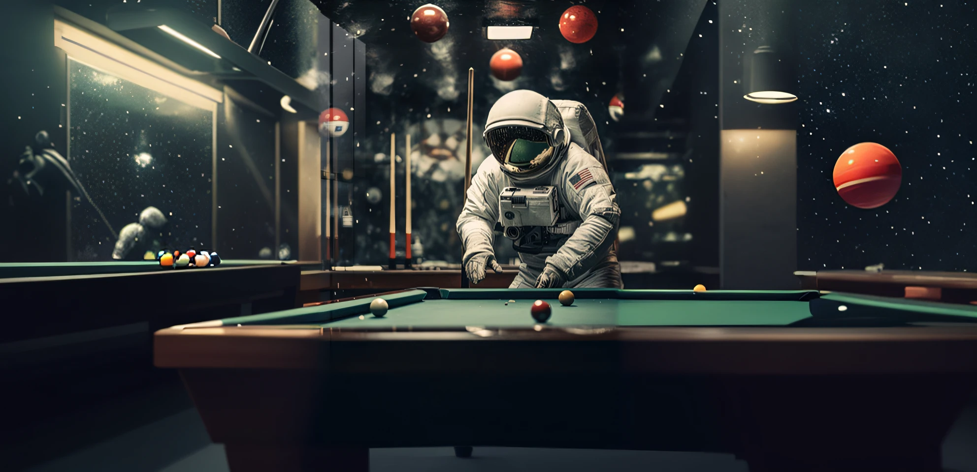 Astronauts in spacesuits，Play billiards with red balls and clubs, Astronaut, American astronauts, Astronaut helmet, beeple style, astronaut in space, Inspired by Beeple, Beeple e Tim Hildebrandt, swimming in space, fully space suited, portrait shooting, in the style of beeple, beeple daily art, beeple |