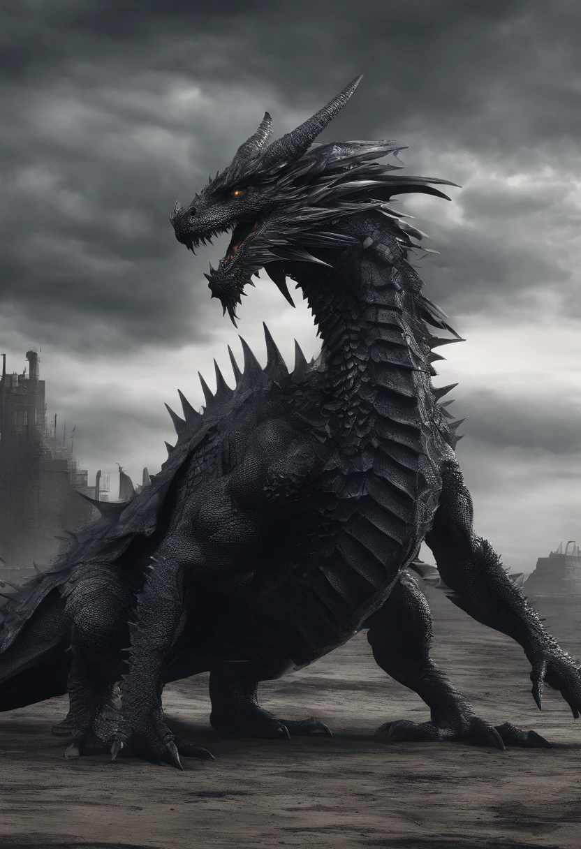 A realistic black big dragon, so realistic that he could exist. Like the G.O.T dragons, with a long neck. His front legs are his wings 