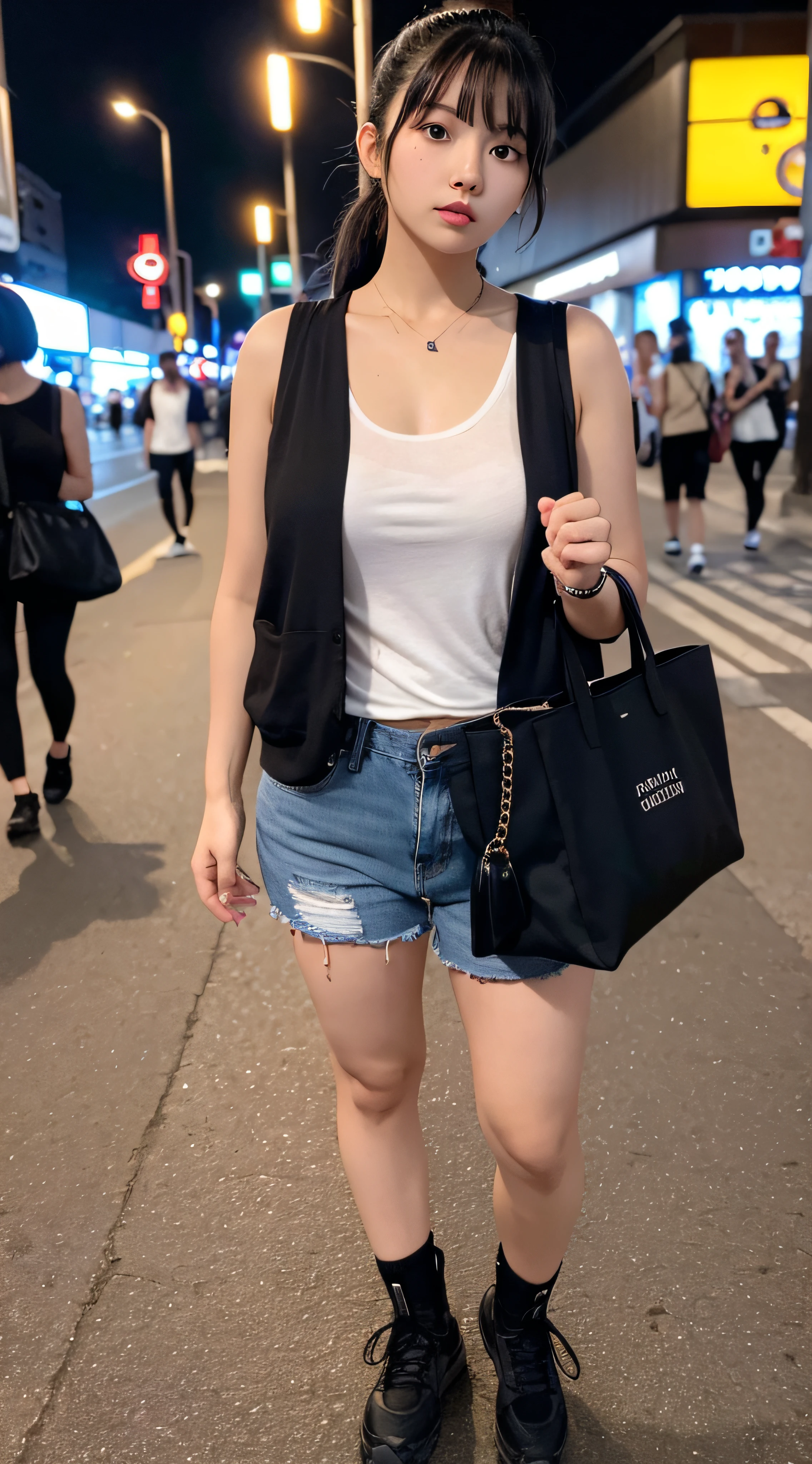 1 girl, holding her hair in a ponytail with both hands, biting her hair tie, short black hair,beuty blackeyes, beautiful eye details, hair details, has a mole under her eye, wearing a white tank top, wearing an open jean jacket, wearing denim shorts, wearing black bracelet on right hand, white watch on left hand, wearing a necklace, wearing a black tote bag, wearing three ear piercings, wearing black shoes, city, atmosphere at night under the crossing lights, full photo, high resolution, ultrasharp, 8K, masterpiece, view audience, copyright