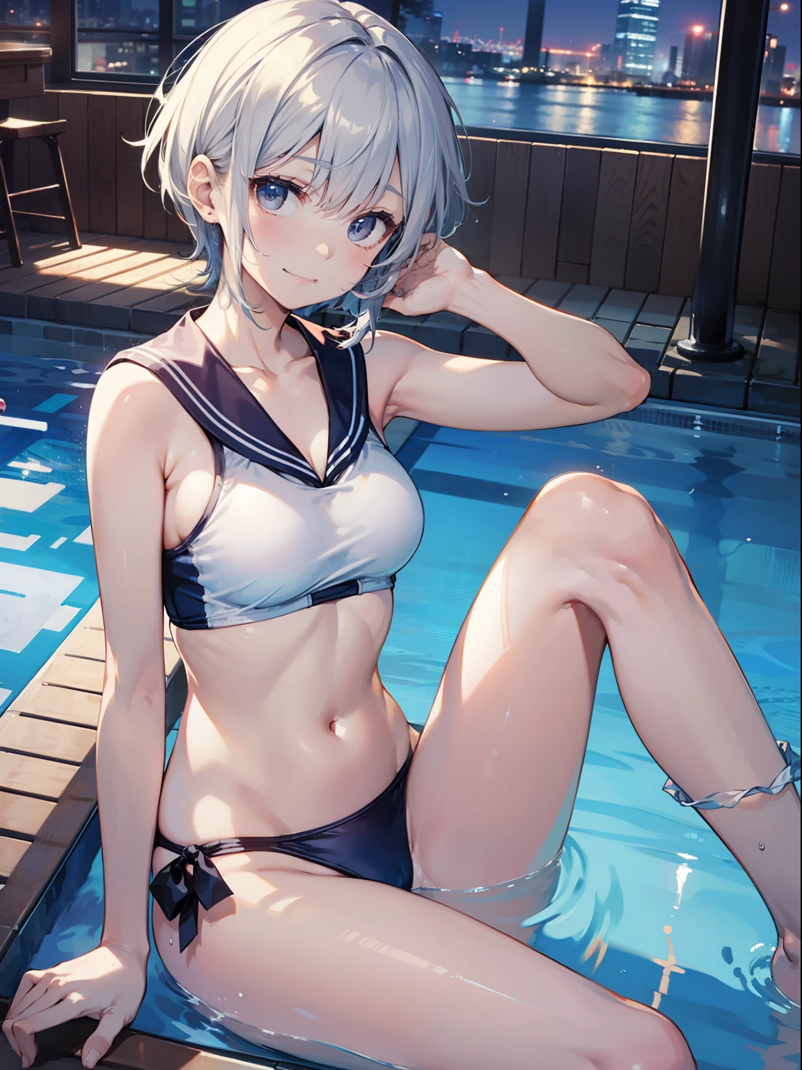 top-quality、Full limbs、complete fingers、Slender beauty、One、ssmile、embarassed expression、White Sailor School Swimsuit、Bery short hair、straighten your legs、Night Pool