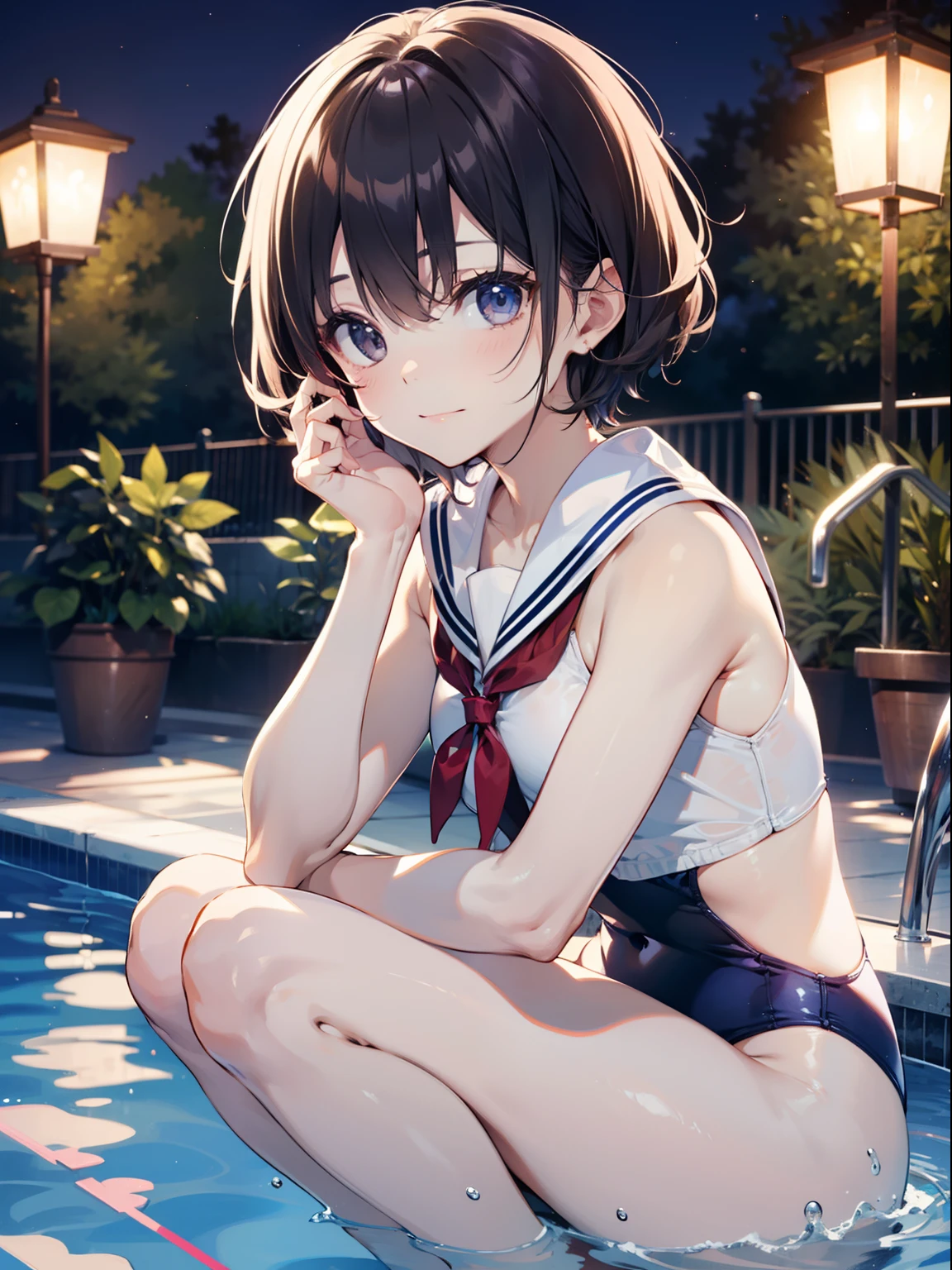 top-quality、Full limbs、complete fingers、Slender beauty、One、ssmile、embarassed expression、White Sailor School Swimsuit、Bery short hair、straighten your legs、Night Pool