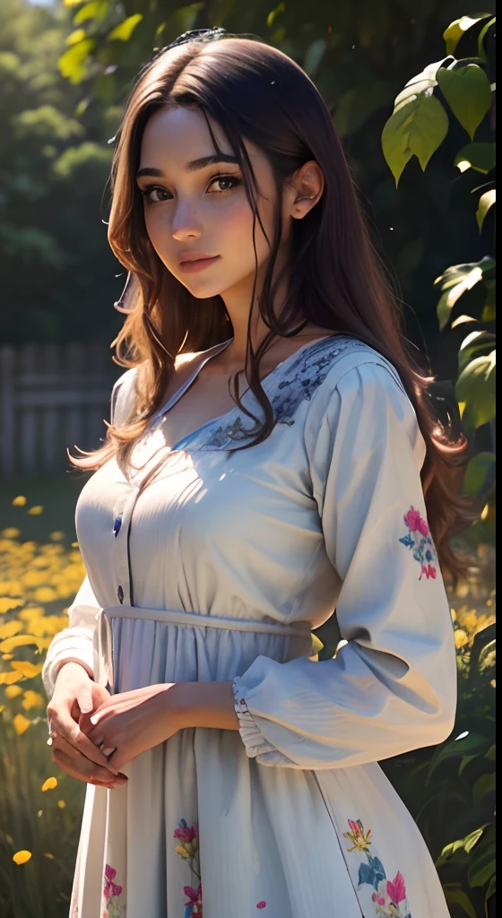 (melhor qualidade,Altas:1.2),(Realistic:1.37),(vivid colors),Retratos,fotografia,(artistas conceituais),(belos olhos detalhados:1.1),(beautiful detailed lips:1.1),(olhos e rosto extremamente detalhados:1.1),(long eyelashes),(medium:1.1),cabelos negros cacheados,cabelos ondulados,body language expressing confidence,pose with your hands on your hips,Standing in a flowered garden,luz solar suave iluminando a cena,flores coloridas no fundo,tall grass swaying gently in the breeze,vestido floral feminino,matching accessories improving overall aesthetics,innocent and cheerful expression,contato visual envolvente com o espectador.((utilizando crucifixo grande))