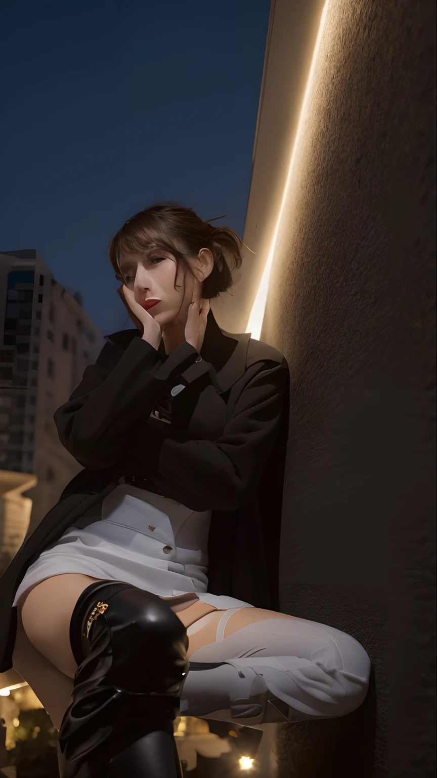 ((Realistic lighting, Best quality, 8K, Masterpiece: 1.3)), Clear focus: 1.2, 1girl, Perfect body beauty: 1.4, Slim abs: 1.1, ((dark brown hair)), (White dress: 1.4), (Outdoor, night: 1.1), City Street, Super Fine Face, Fine Eyes, Double Eyelids, (Over the knee black stockings: 1.5)