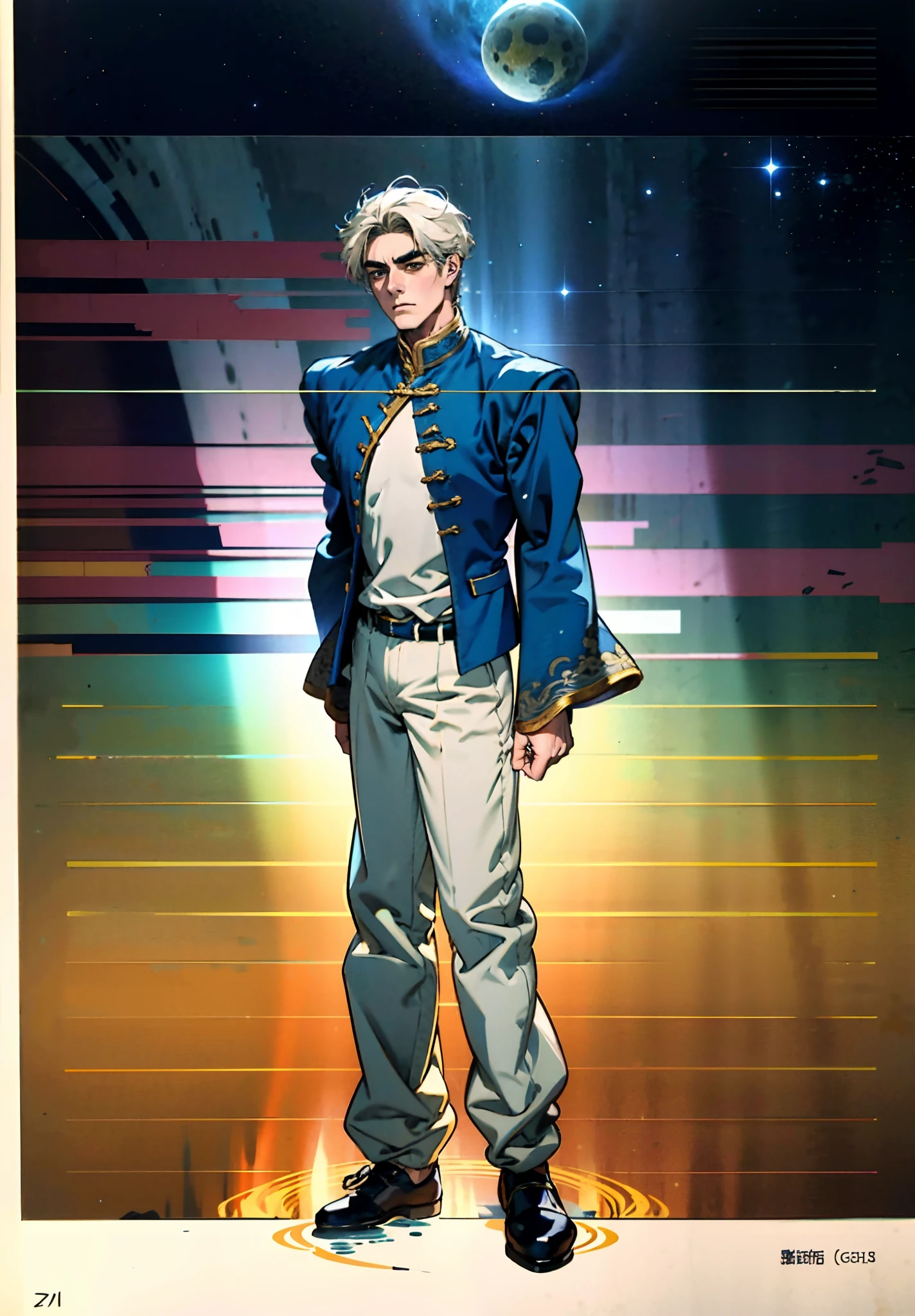 A man with short golden hair, hair standing straight up, a long tuft of bangs, thick eyebrows, a melancholic gaze, a square-shaped face, wears a Chinese-style wide-sleeved undershirt, over which he layers an open-front Dao robe, a color scheme of green and blue and yellow and white, he wears plain trousers and coarse cloth shoes, against the backdrop of a star-studded night sky, this character embodies a finely crafted fantasy-style Chinese martial artist character in anime style, characterized by an exquisite and mature manga illustration art style, full body character drawing, high definition, best quality, highres, ultra-detailed, ultra-fine painting, extremely delicate, professional, anatomically correct, symmetrical face, extremely detailed eyes and face, high quality eyes, creativity, RAW photo, UHD, 8k, Natural light, cinematic lighting, masterpiece:1.5