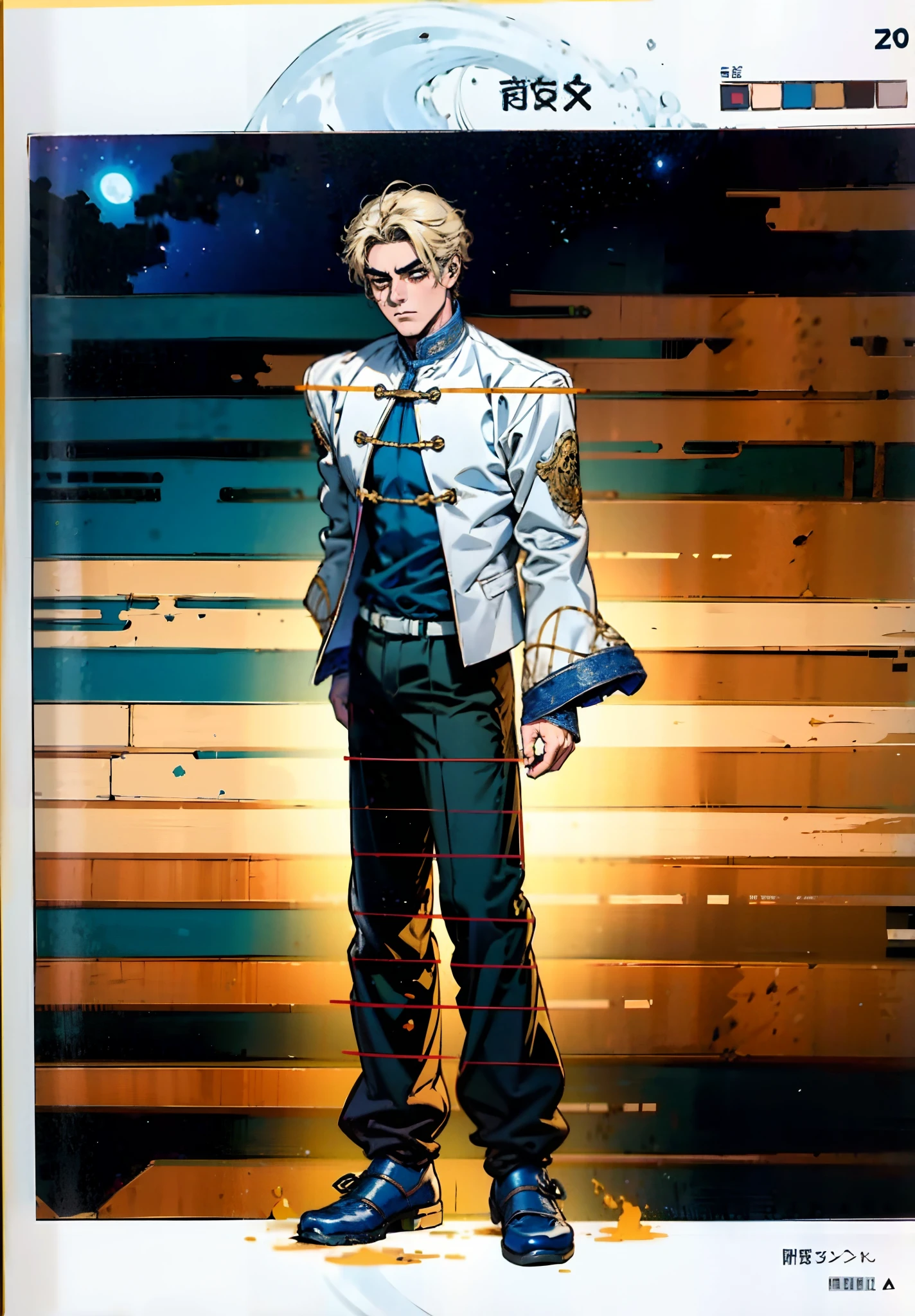 A man with short golden hair, hair standing straight up, a long tuft of bangs, thick eyebrows, a melancholic gaze, a square-shaped face, wears a Chinese-style wide-sleeved undershirt, over which he layers an open-front Dao robe, a color scheme of green and blue and yellow and white, he wears plain trousers and coarse cloth shoes, against the backdrop of a star-studded night sky, this character embodies a finely crafted fantasy-style Chinese martial artist character in anime style, characterized by an exquisite and mature manga illustration art style, full body character drawing, high definition, best quality, highres, ultra-detailed, ultra-fine painting, extremely delicate, professional, anatomically correct, symmetrical face, extremely detailed eyes and face, high quality eyes, creativity, RAW photo, UHD, 8k, Natural light, cinematic lighting, masterpiece:1.5