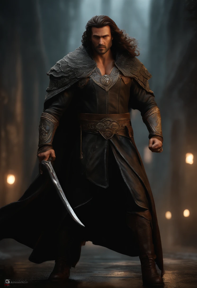 (Professional 3D Rendering:1.3) In the (Realistic:1.3) photo of the most beautiful artwork in the world,Features soft and shiny male heroes, ((Epic Hero Fantasy Muscle Man Rough Wet Hero Angry Long Hair Short Beard and Furious Expression in Dynamic Pose, fantastic location, majestic cluttered environment)), Full body 8K unity rendering, action SHOT, skin pore, Very dark lighting, heavy shading, Detailed, Detailed face, (Vibrant, photos realistic, Realistic, Dramatic, Dark, Sharp Focus, 8K), (Old leather garments damaged by weathering:1.4), ((((Wear fur)))), (Convoluted:1.4), Decadent, (Highly detailed:1.4), Digital Painting, rendering by octane, art stations, concept-art, Smooth, Sharp Focus, Illustration, Art Germ, (Roisch:0.23), Vlop Ilya Kuvshinov, Gregg Rutkowski and Alphonse Mucha Gracias, (Global Illumination, studio lights, volumettic light), Heavy rain, particles floating, lotr, Fantasy, elf, full body Esbian, ((Dark ancient city background:1.3)),CG Cessa,art stations