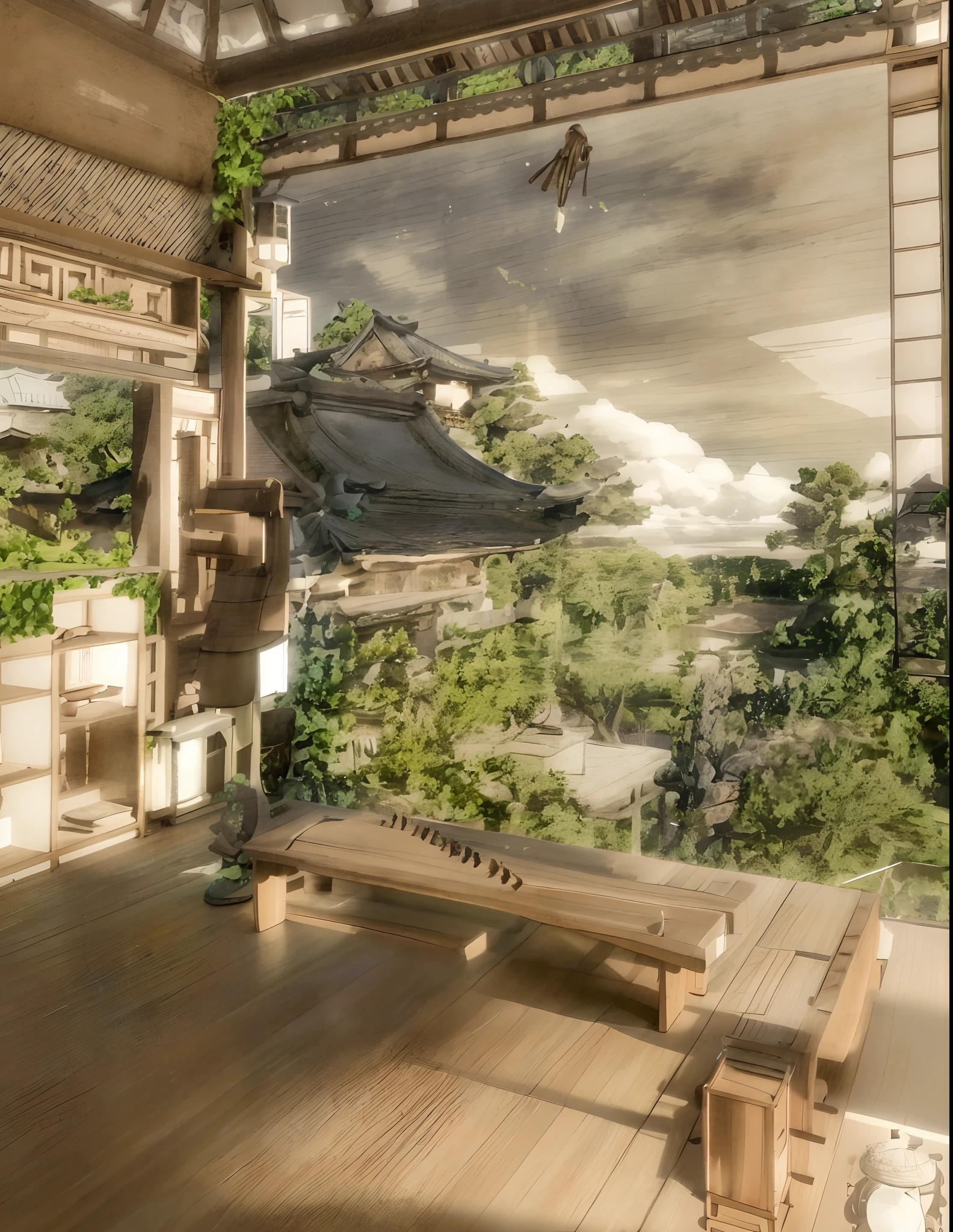 there is a room with a bench and a table in it, ambient occlusion render, an ambient occlusion render, strong ambient occlusion, ambient occlusion, japan. volumetric lighting, cyberpunk japanese temple, ultra ambient occlusion, ambient occlusion:3, detailed intricate render, ambient oclusion, high detail 3 d render