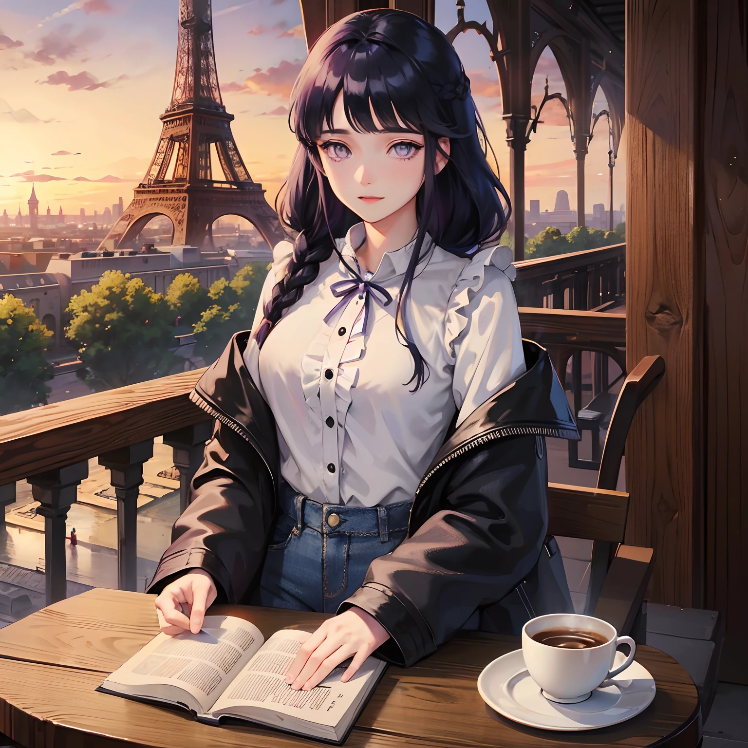 A girl in braid and dark blue hair,white blouse, purple eyes and jeans in front of the Eiffel Tower having coffee with croaça at sunset very happy with a bag on the table she is also reading a book, Blunt Bangs