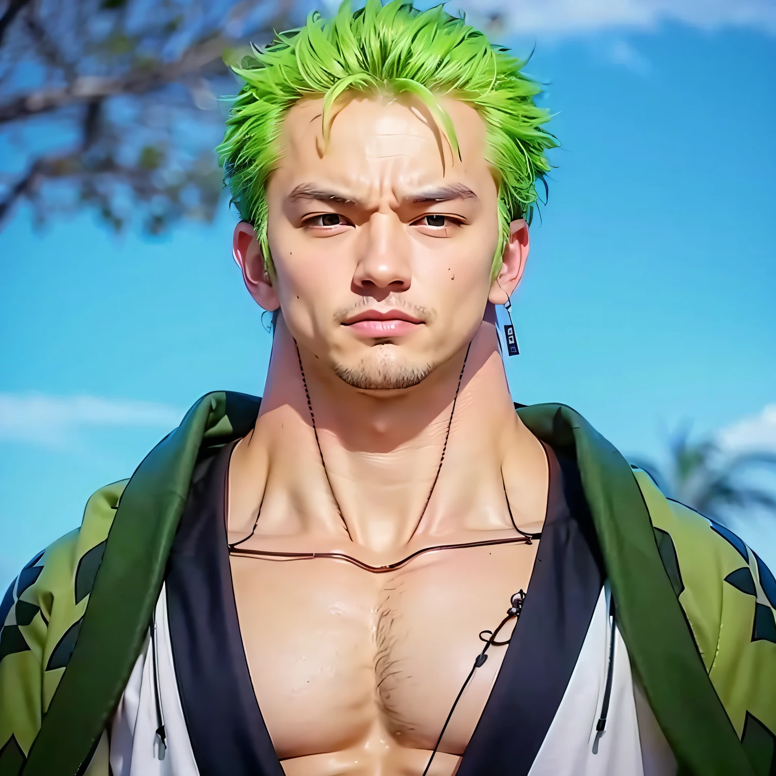 A Japanese muscular man with bright green hair, high quality, detailed face