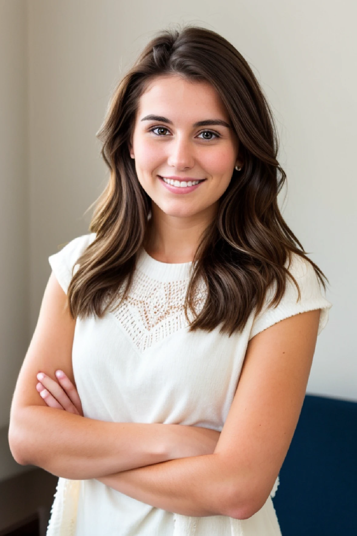 Linkedin profile picture, brunette 22 year old girl, real life, realistic photo, soft professional smile, crossed arms