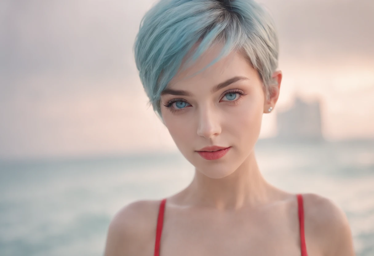 masterpiece, best quality, highest quality, (perfect illumination:1.4), (photorealistic), perfect anatomy, perfect face, perfect eyes, bulmadbzreddress, aqua hair, short hair, blue eyes, earrings, red bikini, sexy pose