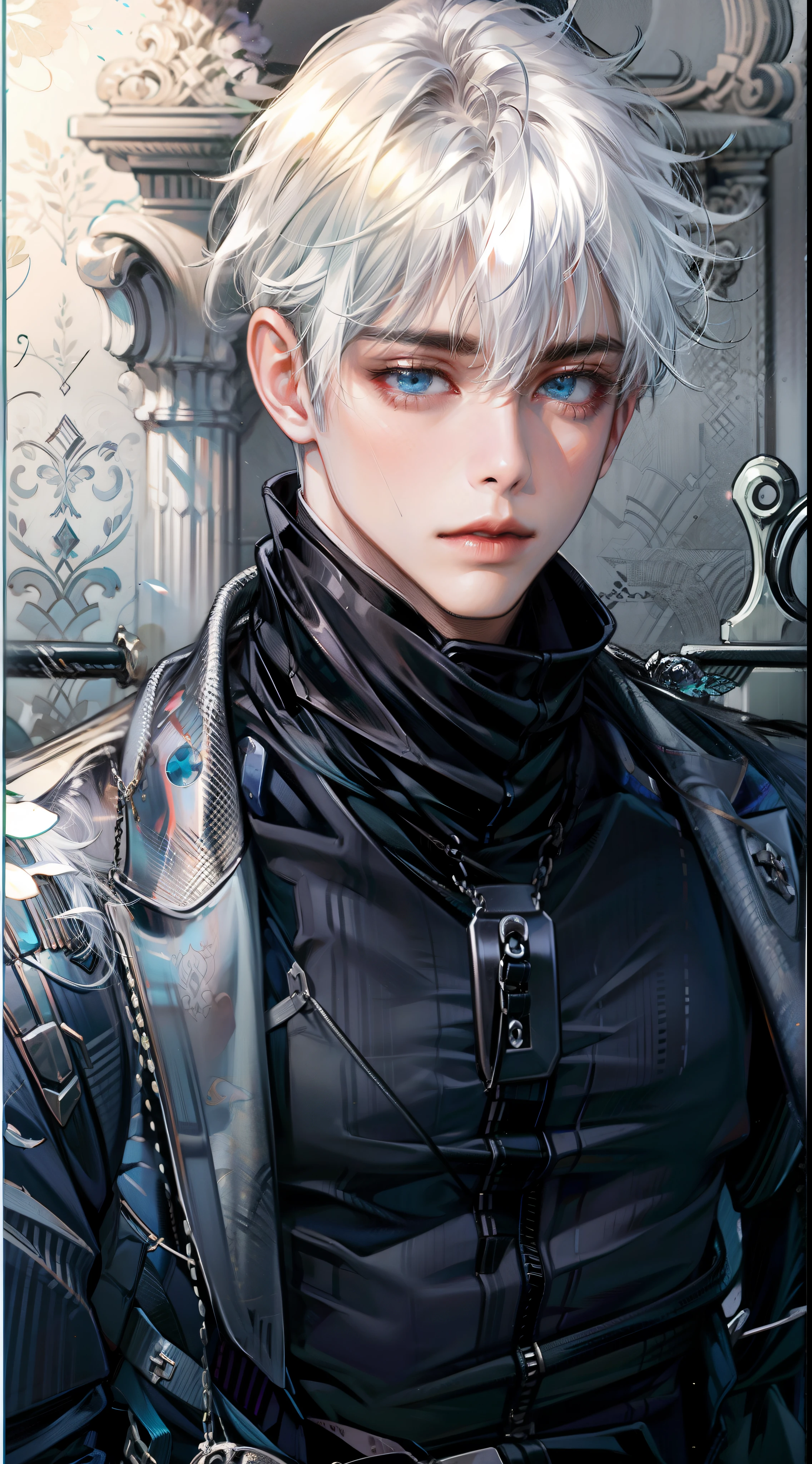 solo,
1man,gojou,blue eyes,white hair,
upper body,high neck,black top