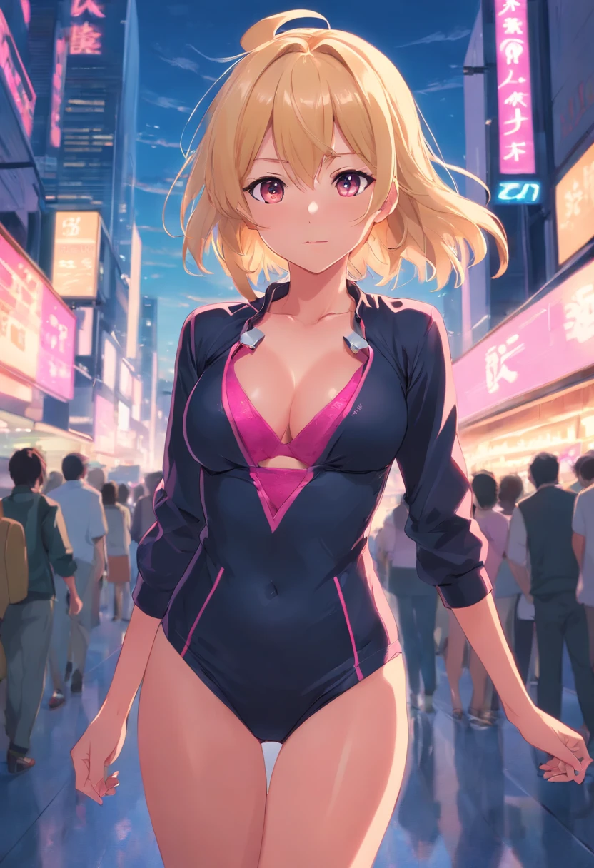 Black female with blonde hair, has pink highlights, wearing tight sexy clothing, cleavage,